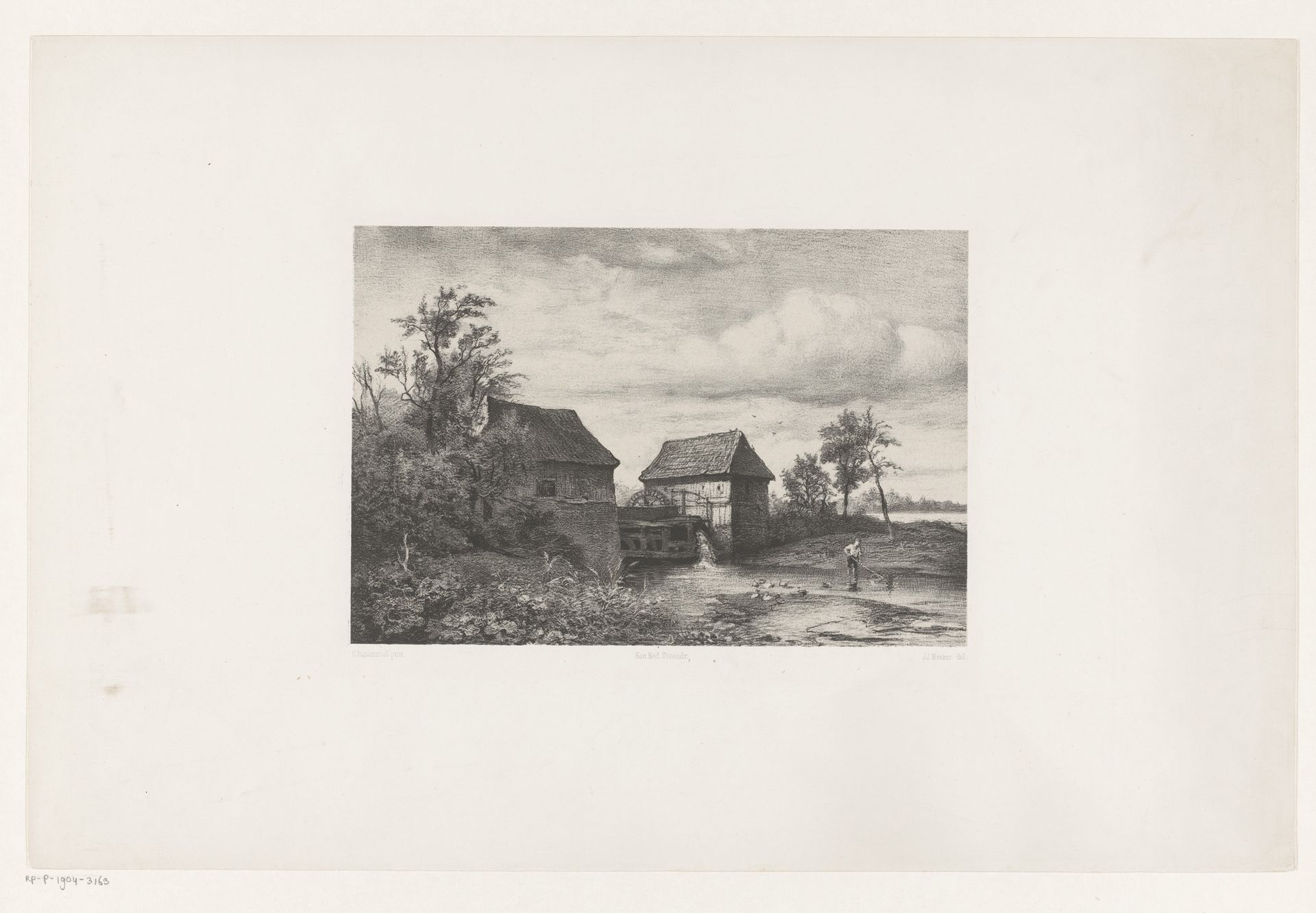Watermolen en visser by Jan Mesker
