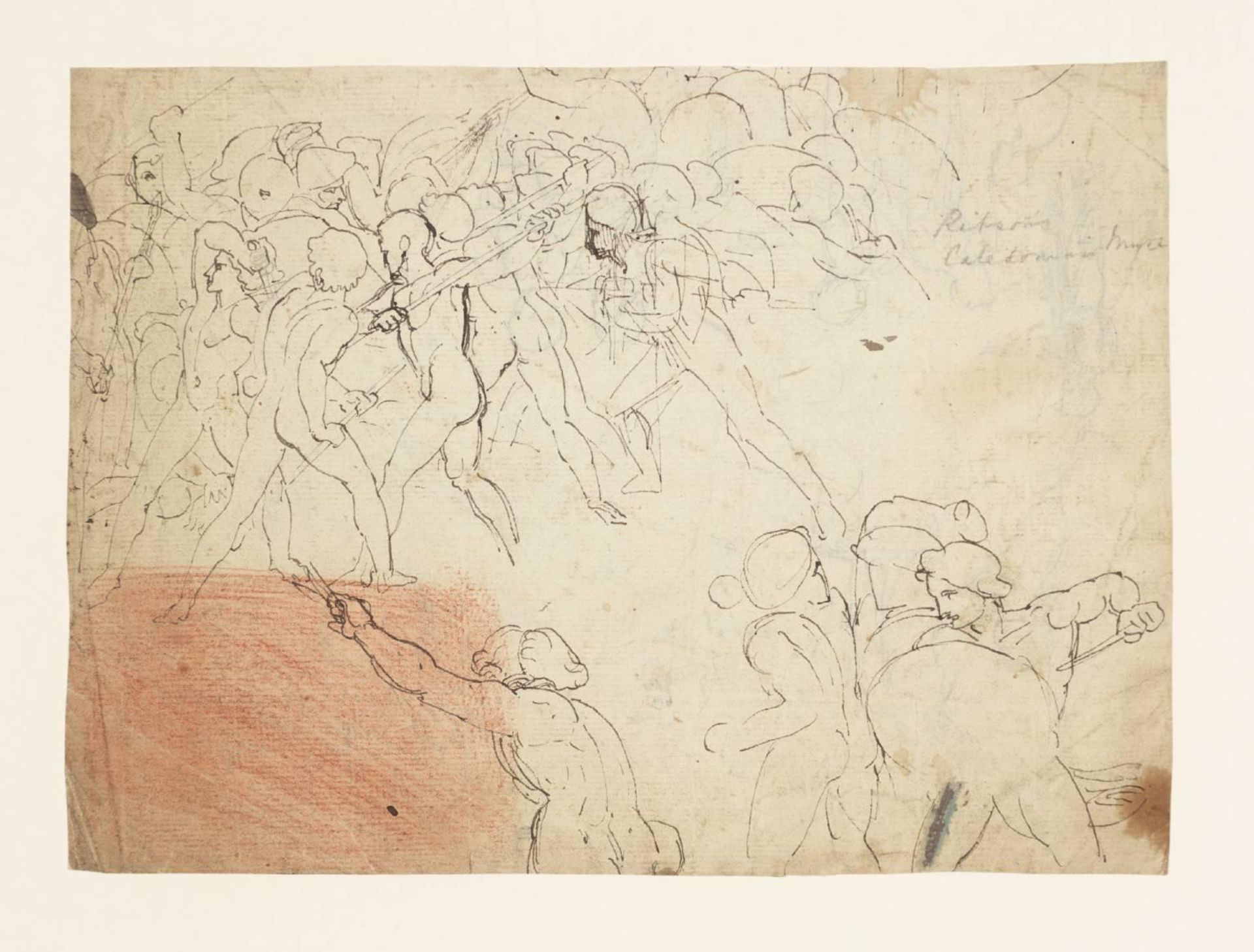 Study Connected with J. Ritson’s ‘Caledonian Muse’: A Group of Nude Fighting Men. Verso: Various Studies Including a Group Seated round a Table by Thomas Stothard