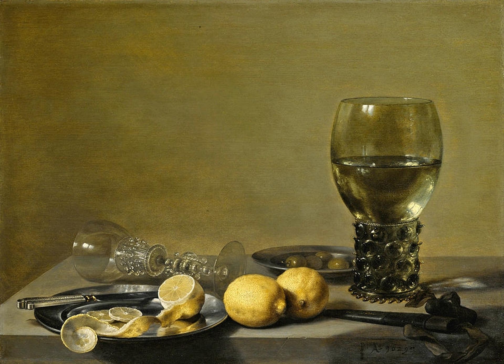 Still Life of Lemons and Olives Pewter Plates a Roemer and a Facon