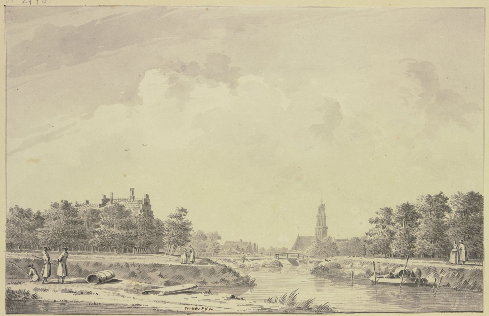 Kanalansicht, im Hintergrunde eine Stadt mit Turm und Brücke, links bei einer Tonne zwei stehende Herren und ein sitzender Angler by Dirk Verrijk