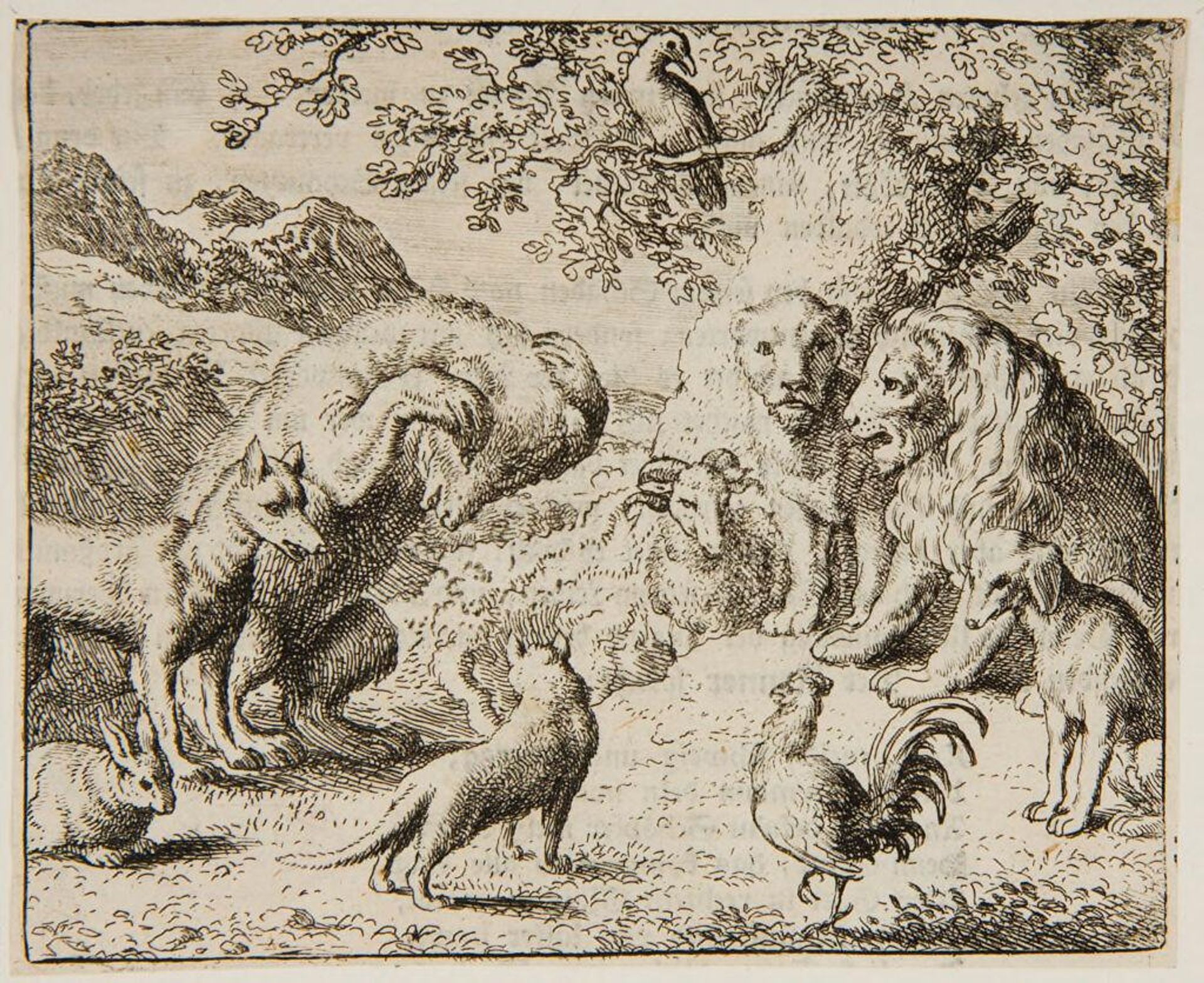 Bear cowers before animal commune by Allart van Everdingen