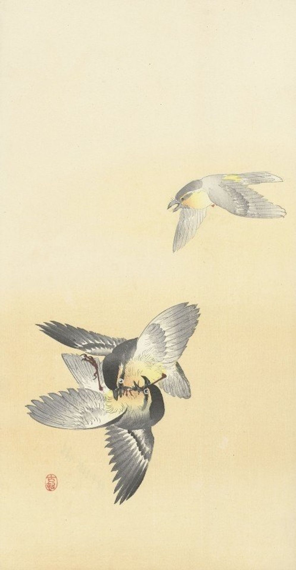 Two fighting birds by Ohara Koson