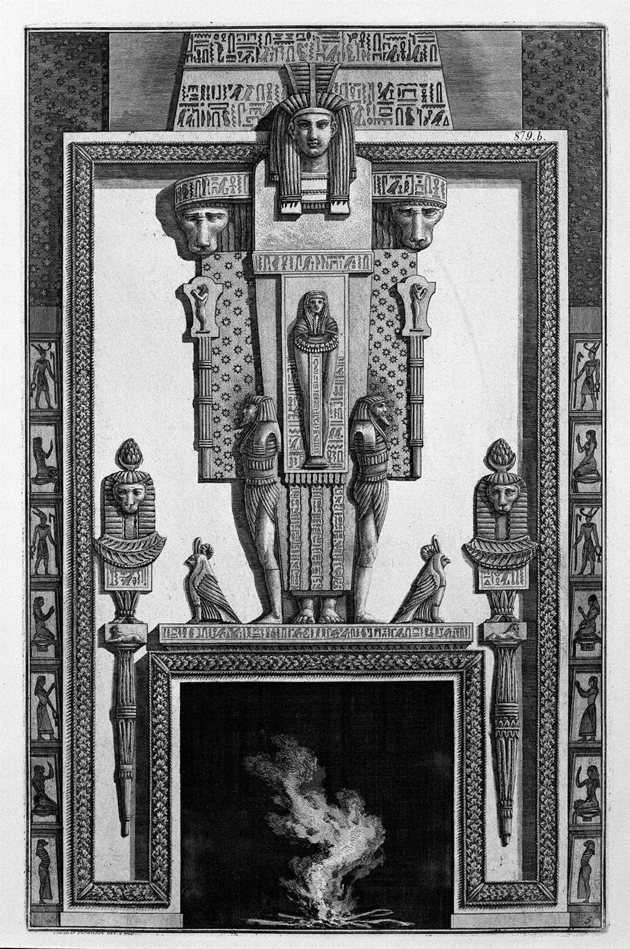 Fireplace topped by a large Egyptian-style caryatids, from a variety of decorative elements by Giovanni Battista Piranesi