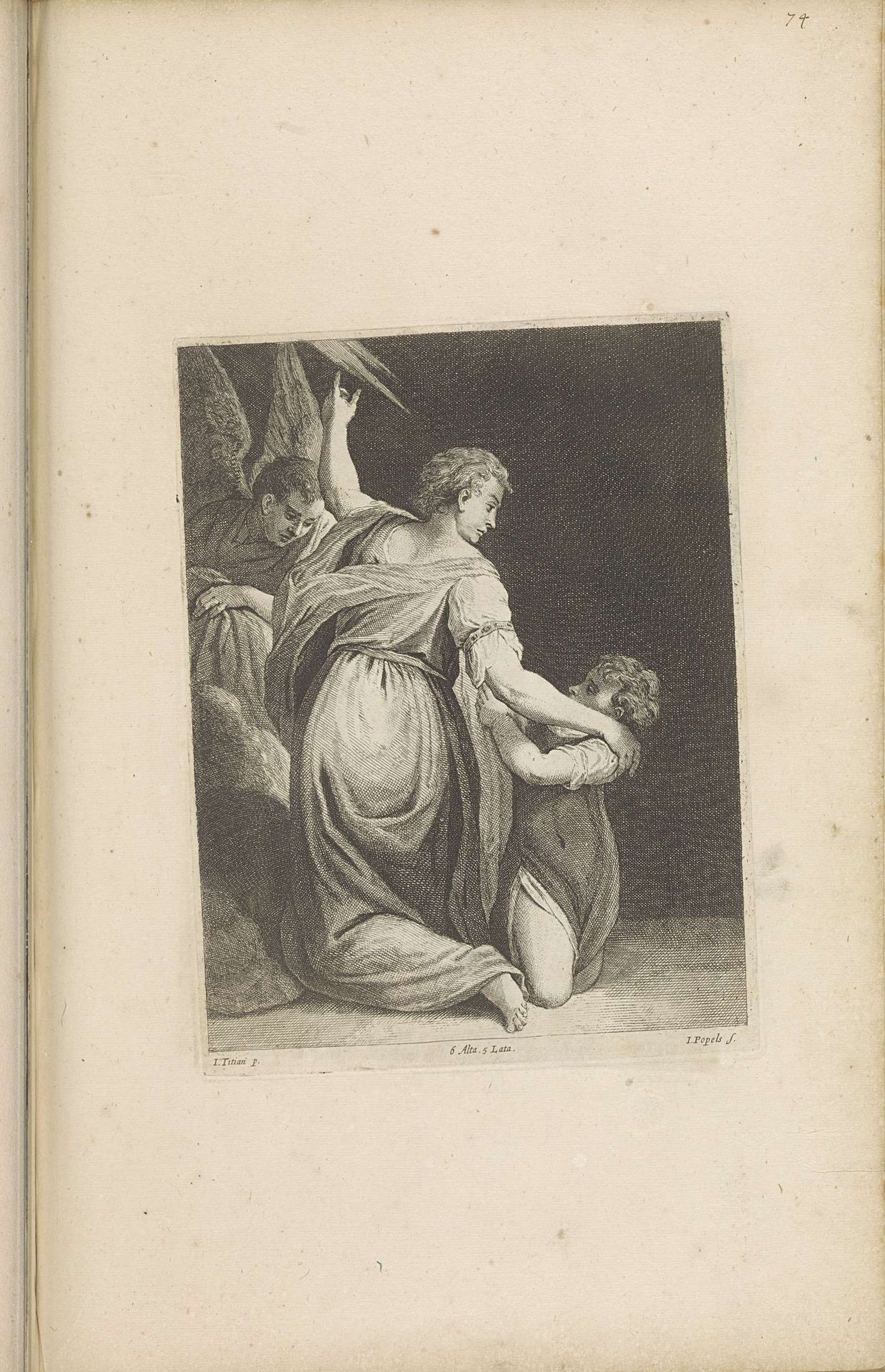 Engel bij een knielende vrouw en kind, mogelijk Hagar en Ismaël by Johannes Popels