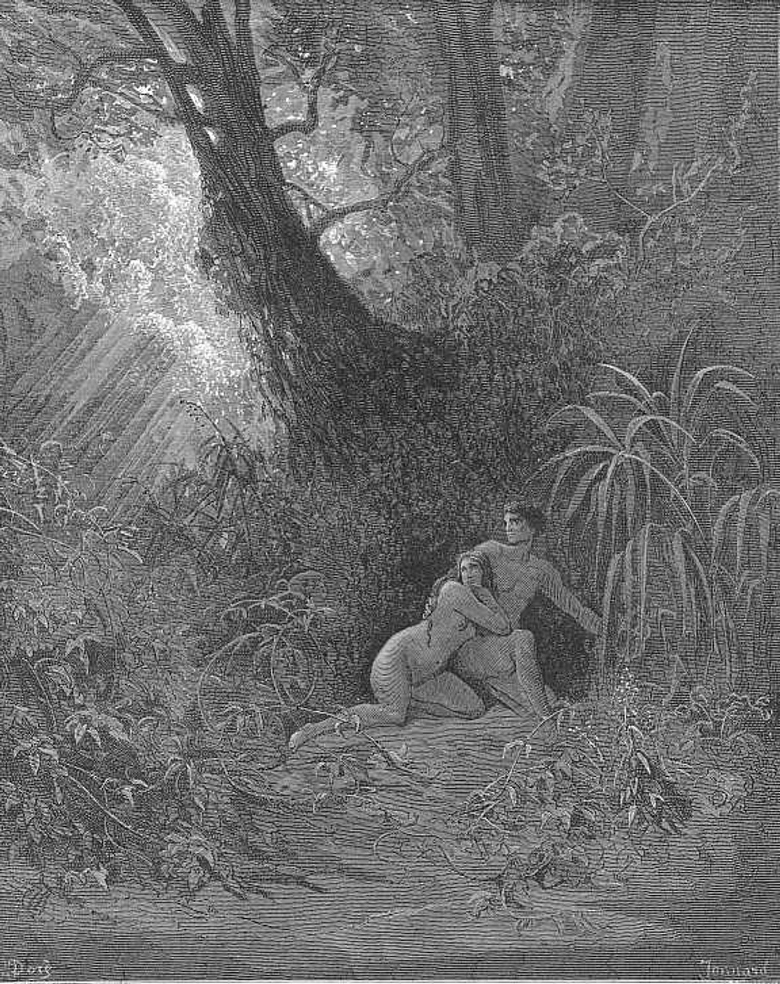 They heard, And from His presence hid themselves amoung The thickest trees by Gustave Dore