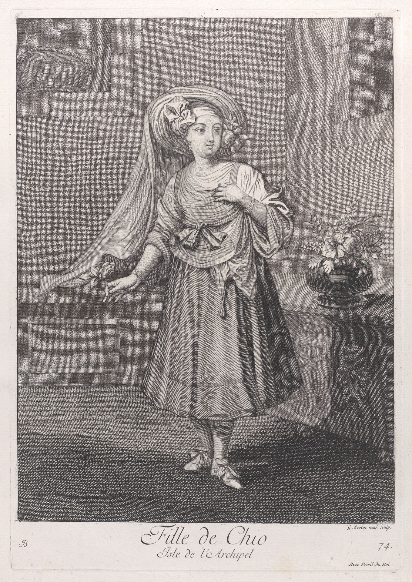 Fille de Chio, Isle de l'Archipel, plate 74 from "Recueil de cent estampes représentent differentes nations du Levant" by Jean Baptiste Vanmour