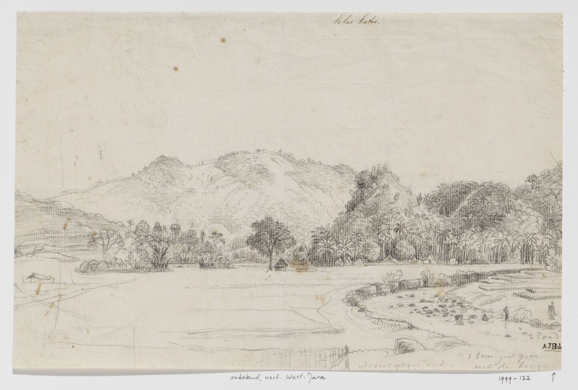 Landschap met rivier en dorp (Leuwibatu), West-Java by Adrianus Johannes Bik