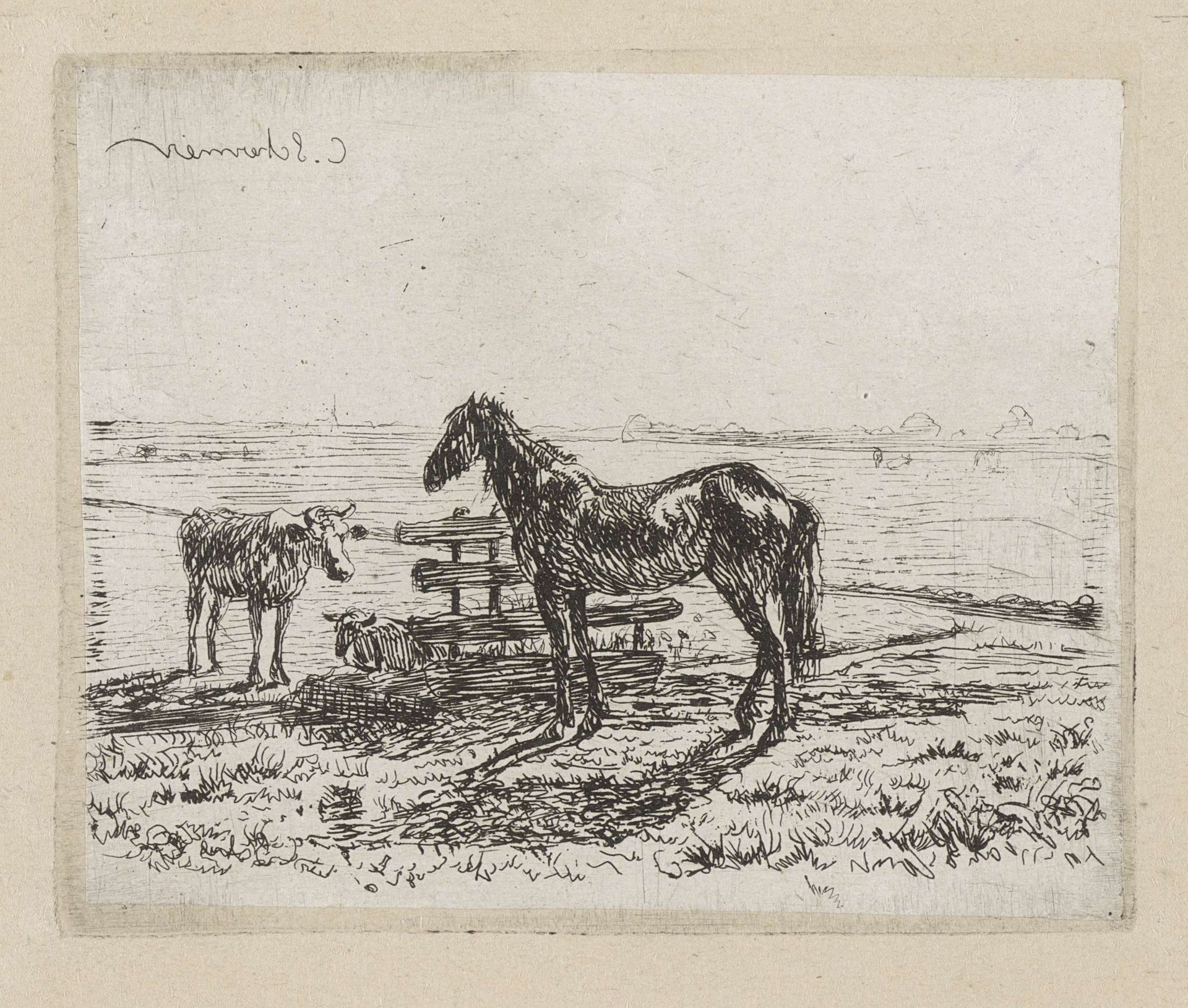Weiland met een paard en twee koeien by Cornelis Albertus Johannes Schermer