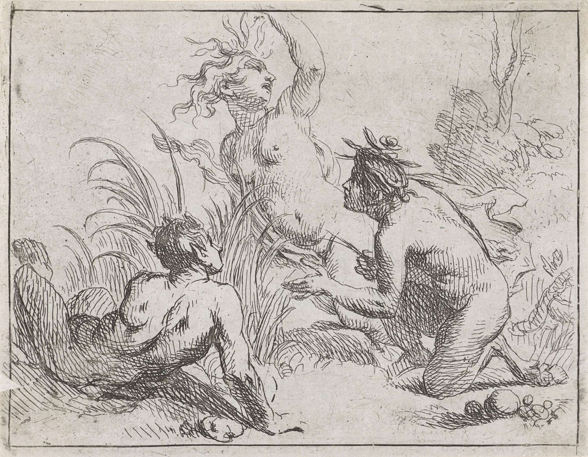 Nimf met twee saters in een landschap by Cornelis Schut