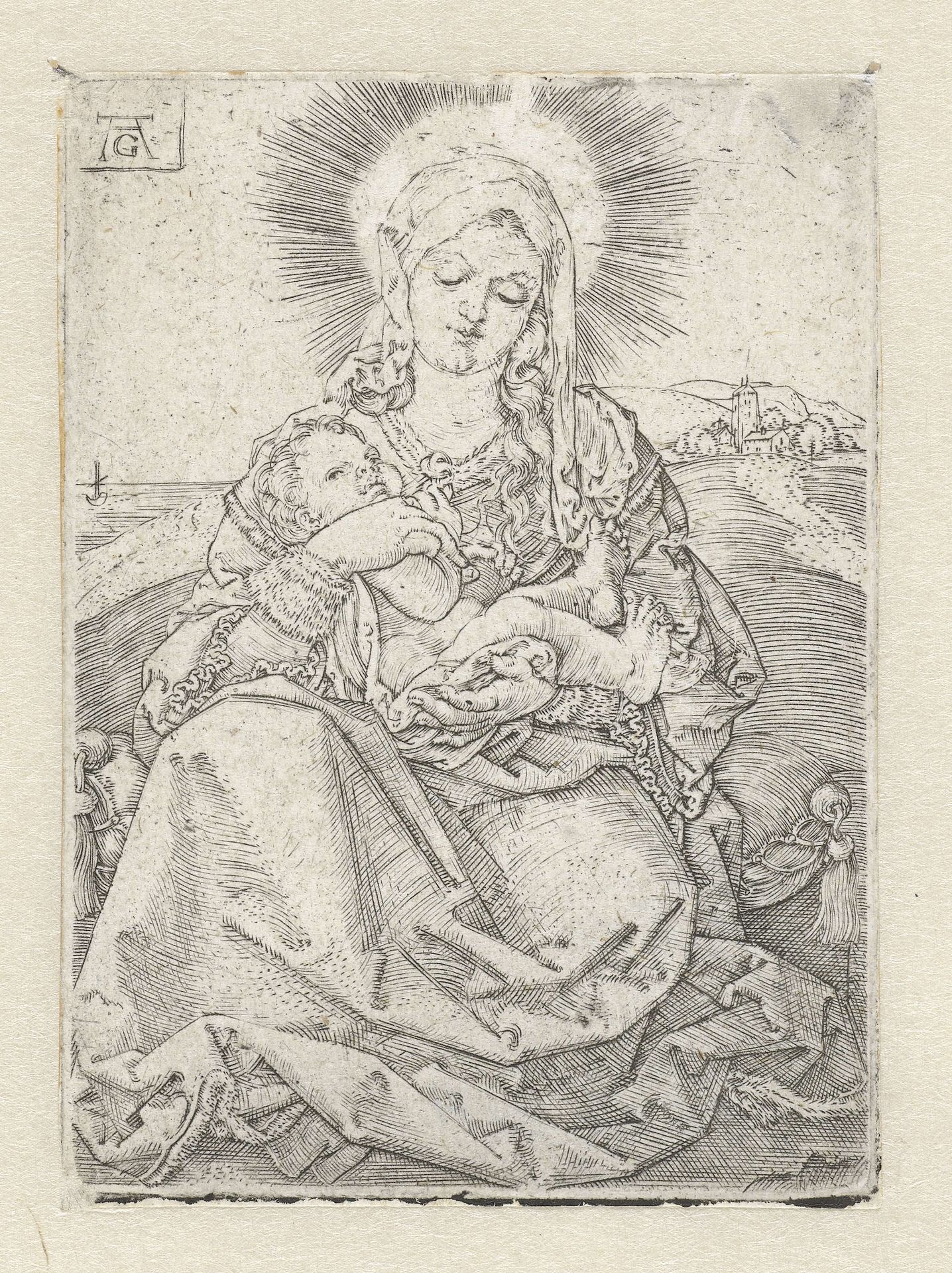 Madonna met kind zittend in een landschap by Heinrich Aldegrever