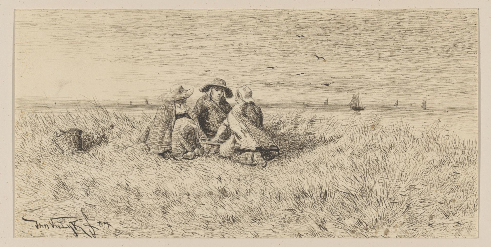 Drie Scheveningsche vrouwen in de duinen by Jan Vrolijk