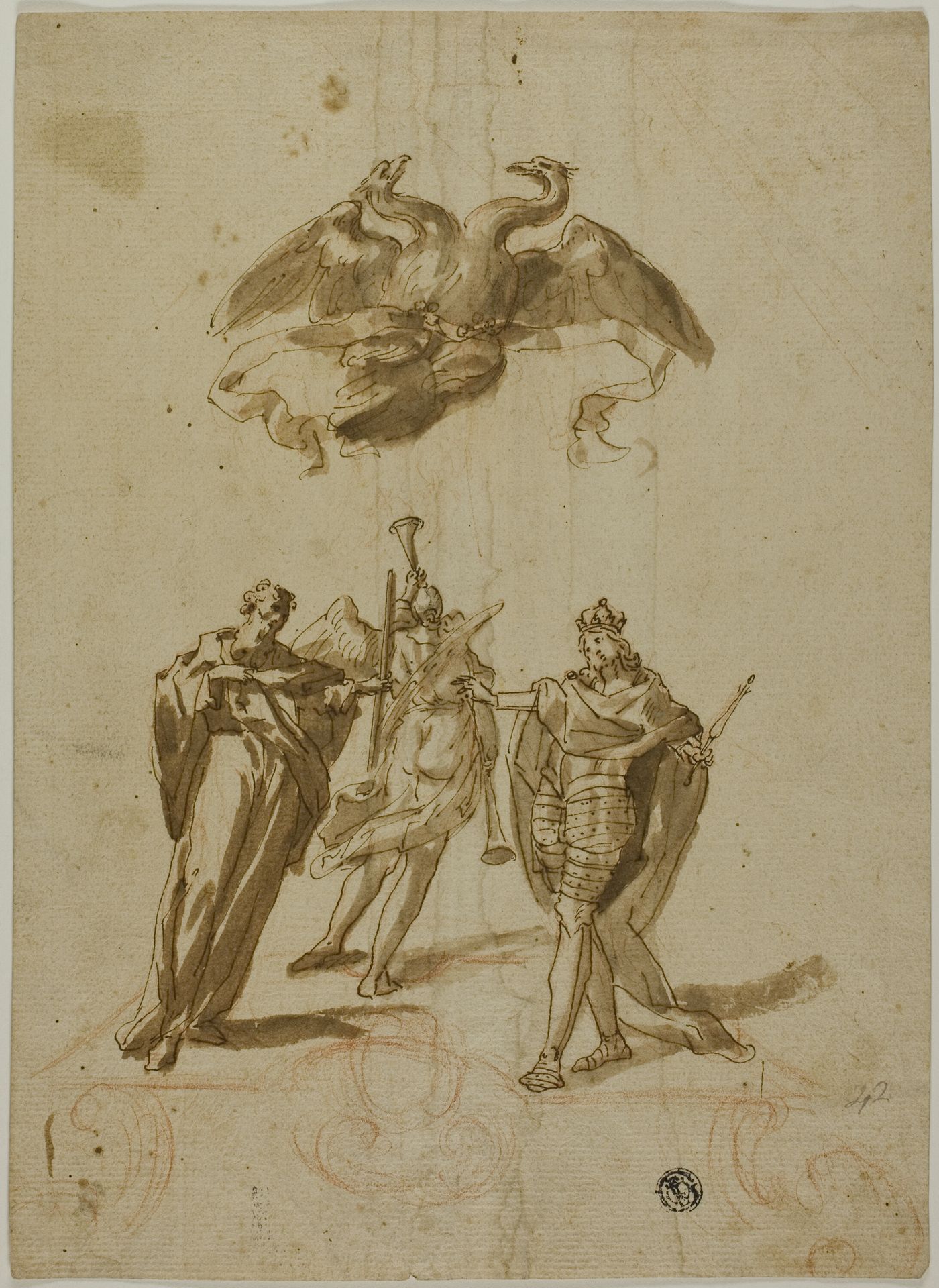 Allegorical Subject: Two-headed Imperial Eagle on Clouds; On Ground, a Draped Figure, a King and a Figure of Fame by Anonymous