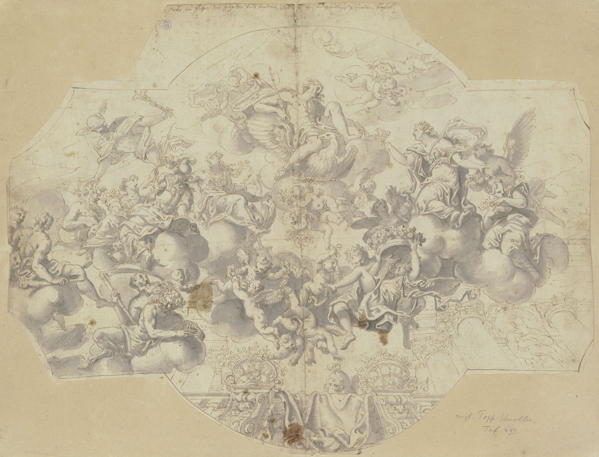 Flora vor Jupiter. Entwurf für ein Deckengemälde in Schloss Aurolzmünster by Johann Eustachius Kendlbacher