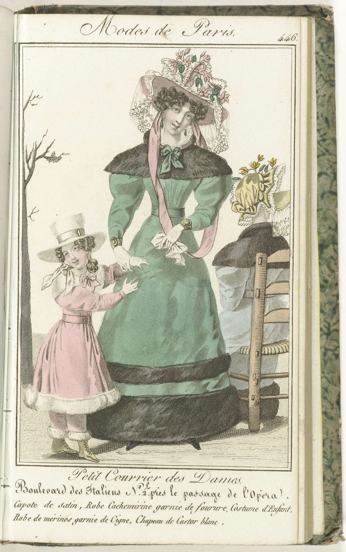 Petit Courrier des Dames, 1827, No. 446: Capote de satin... by Anonymous
