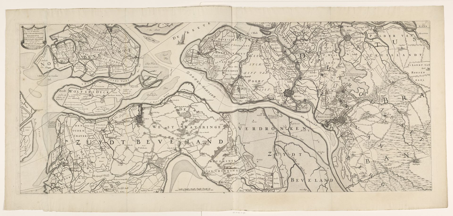 Kaart van de eilanden Noord-Beveland, Wolphaartsdijk en Zuid-Beveland en het markiezaat Bergen op Zoom by Anonymous