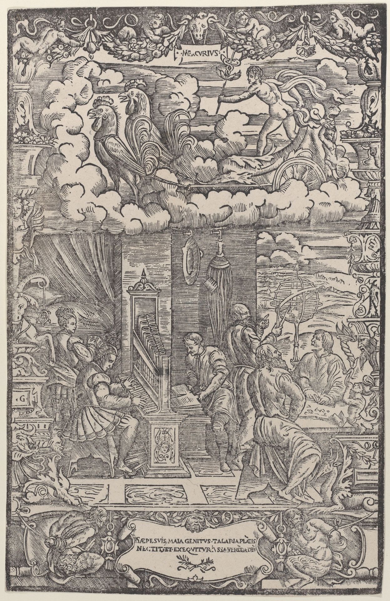 In upper section Mercury in a chariot drawn by two cocks, below musicians and astronomers, from 'The Seven Planets' by Girolamo Grandi