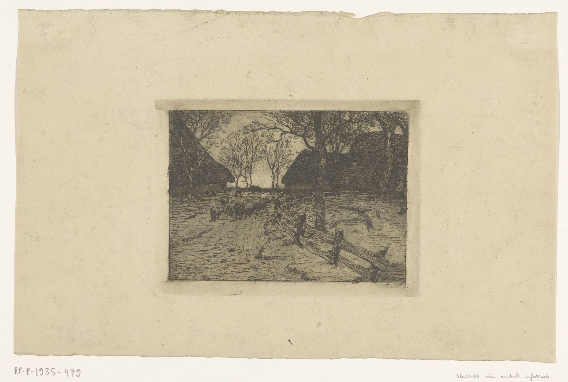 Heidelandschap met schaapskooien en een kudde schapen bij avond by Hermannus Adrianus van Oosterzee