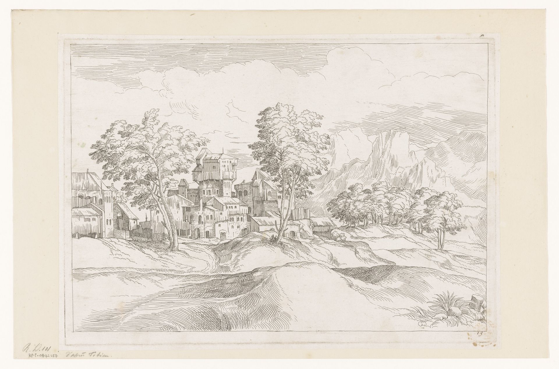 Berglandschap met bouwwerken by Jean Pesne