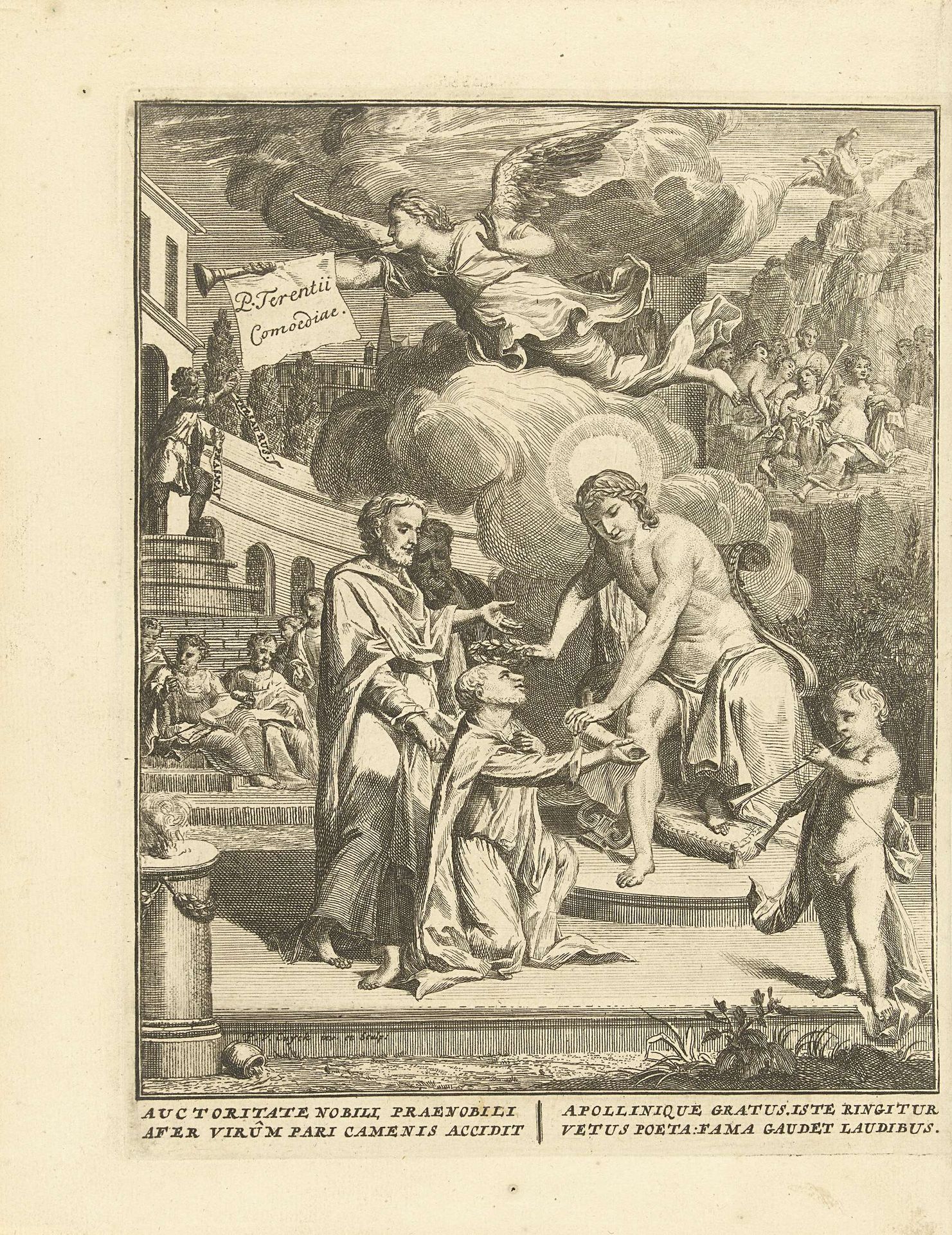 Allegorie met Apollo die schrijver Publius Terentius Afer eert by Pieter van (I) Cuyck