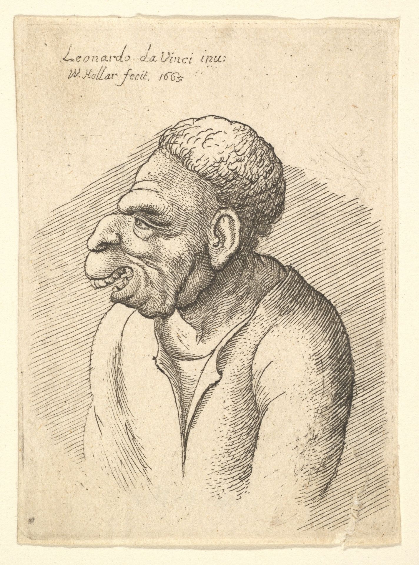 Bust of a man with hooked nose, prominent upper lip, open mouth and thick, short curly hair resembling wig in profile to left by Wenceslaus Hollar