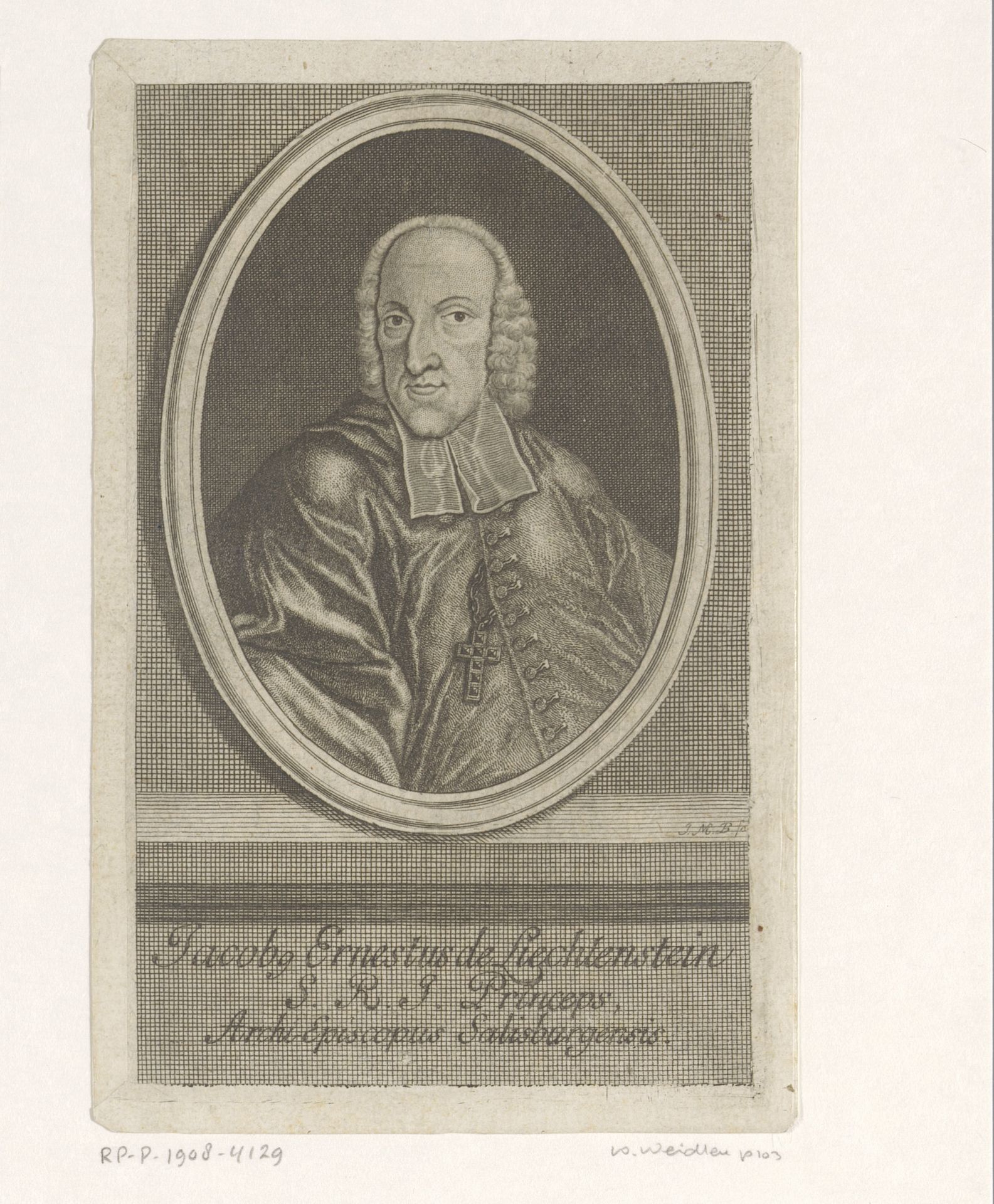 Portret van Jakob Ernst von Liechtenstein-Kastelkorn, aartsbisschop van Salzburg by Johann Martin Bernigeroth