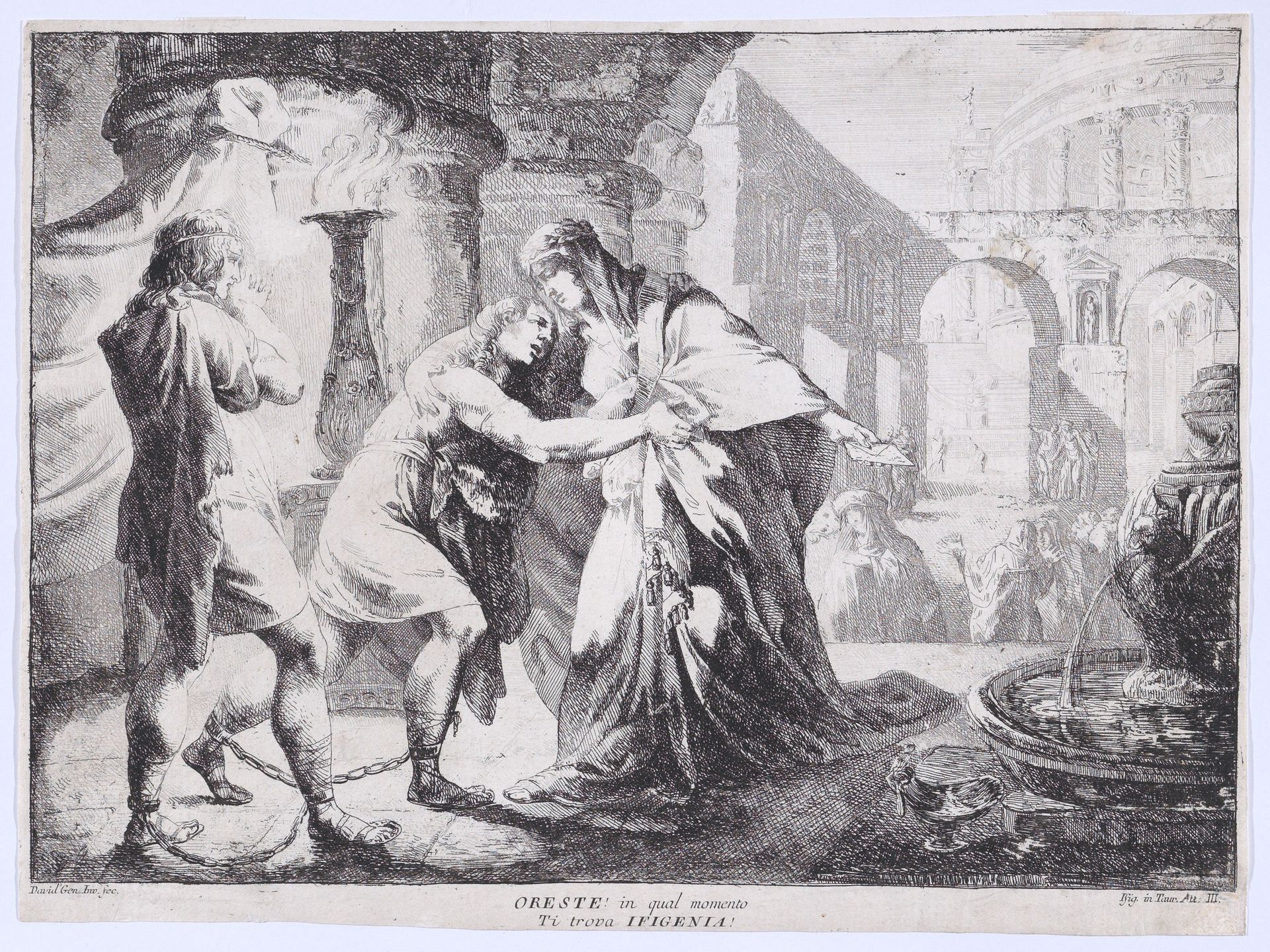 Iphigenia accompanied by Pylades recognises Orestes, whom she is about to sacrifice by Giovanni David