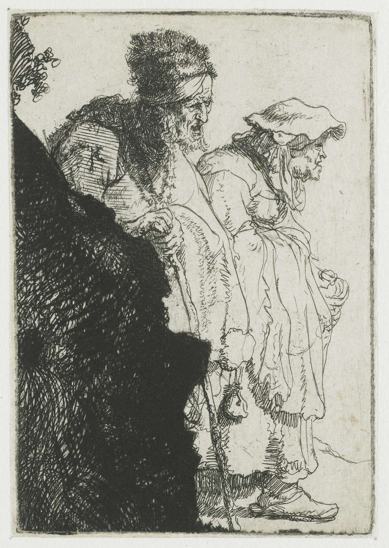 Beggar man and woman behind a bank by Rembrandt van Rijn