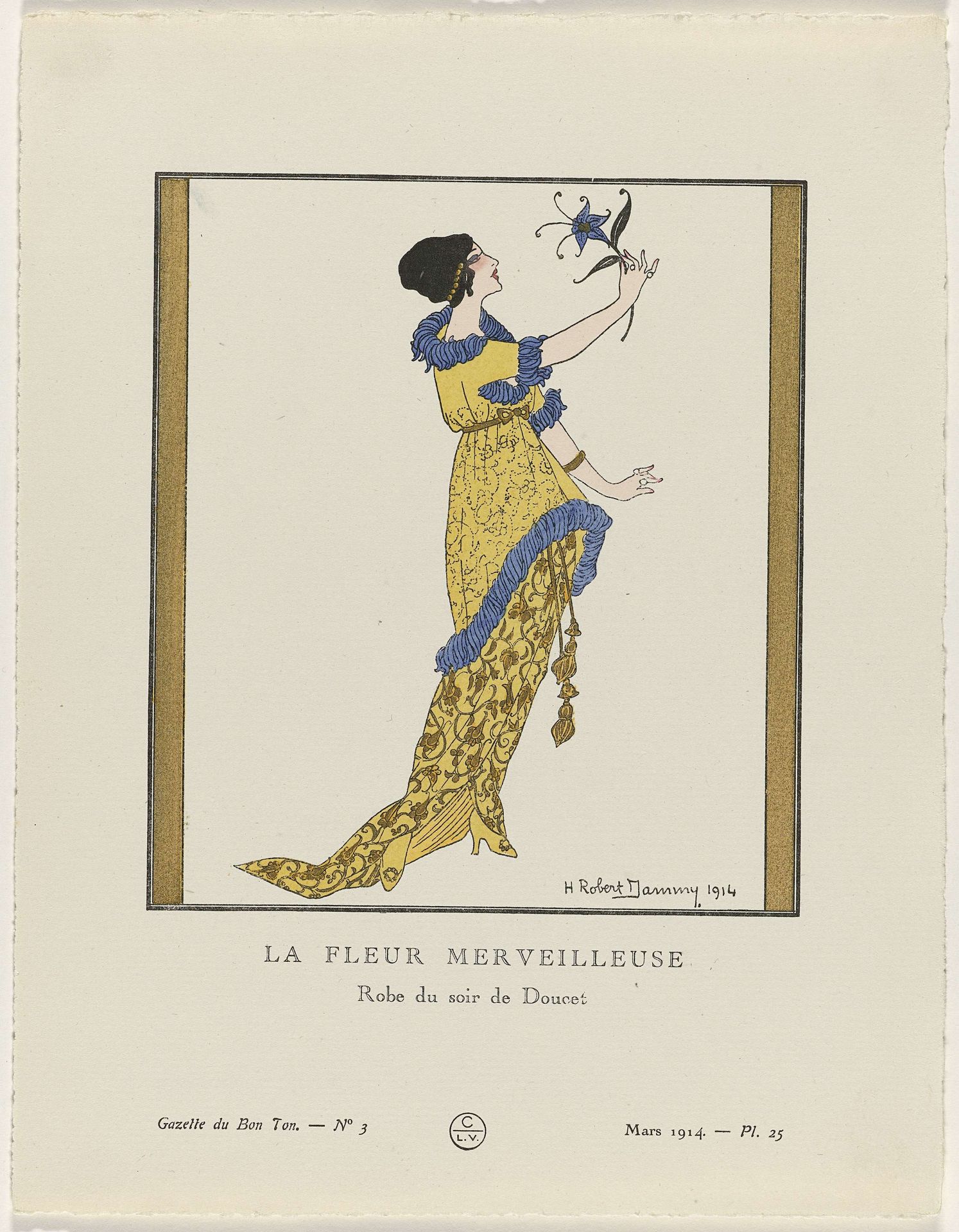 Gazette du Bon Ton, 1914 - No. 3, Pl. 25: La fleur merveilleuse / Robe du soir de Doucet by H. Robert Dammy
