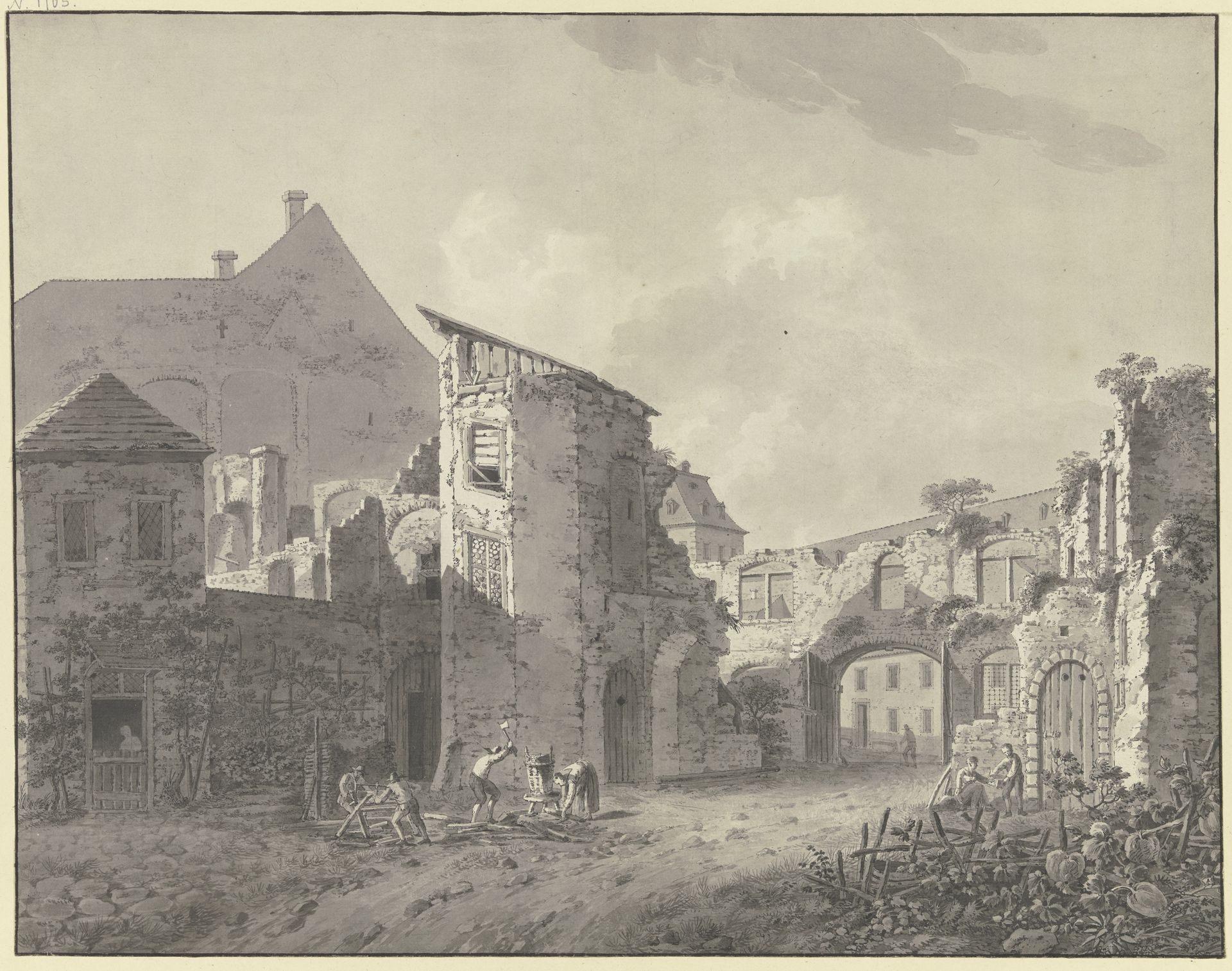 Wohnbauten zwischen Ruinen, vorne vier Figuren beim Zersägen und Hacken von Holz by Johann Heinrich Troll