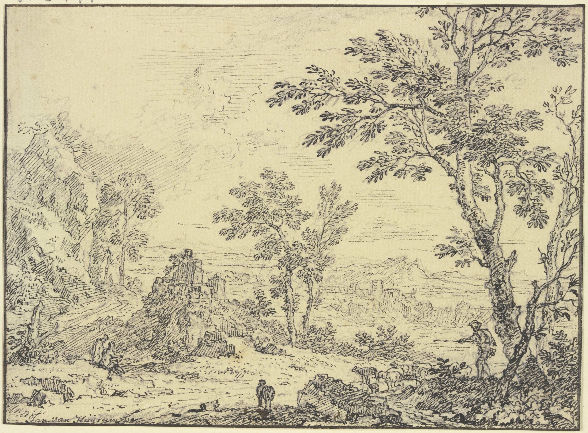 Landschaft mit Ruinen, vorne rechts ein Schafhirte by Jan van Huysum