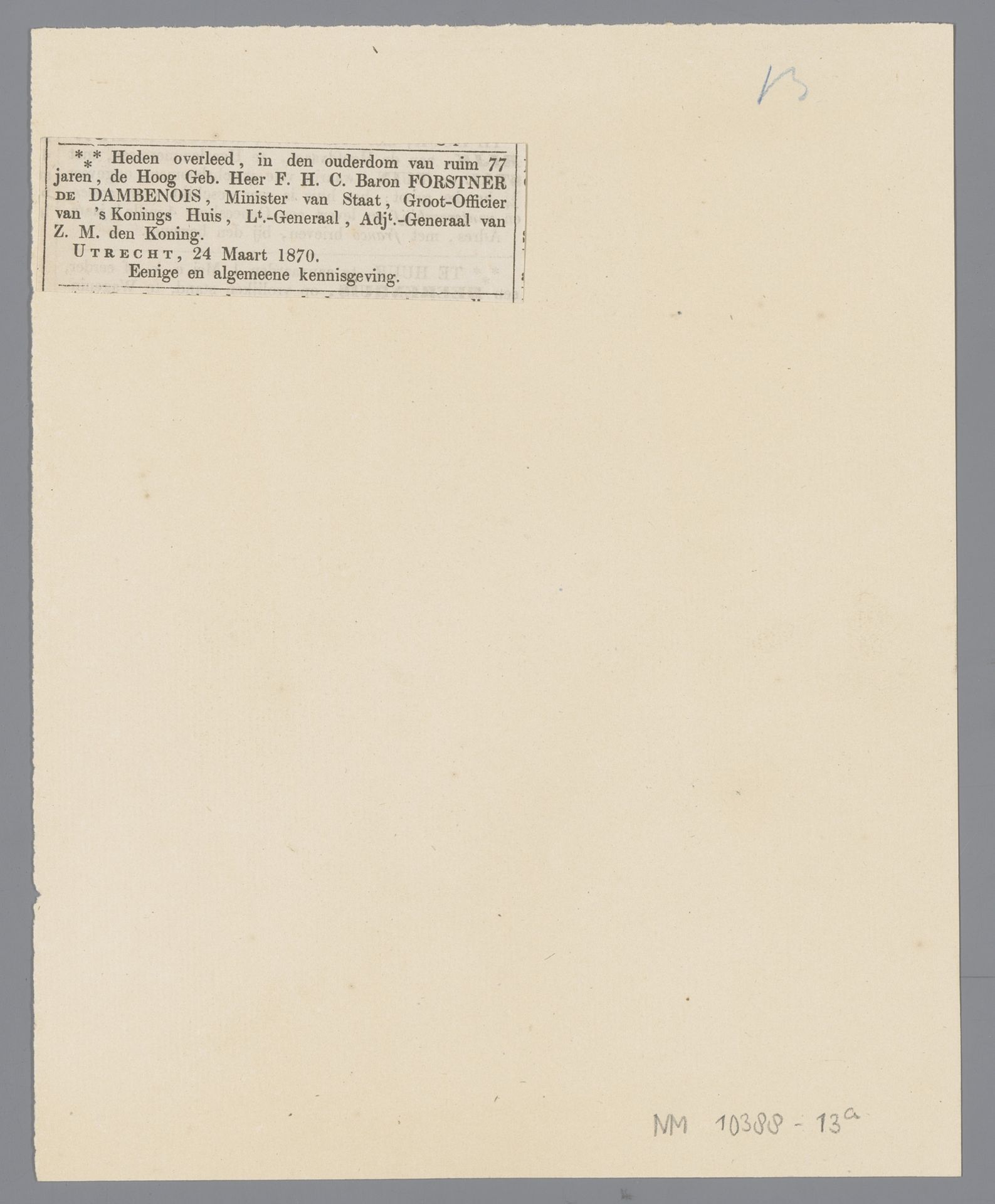 Overlijdensbericht van F. H. C. baron Forstner de Dambenois by Anonymous