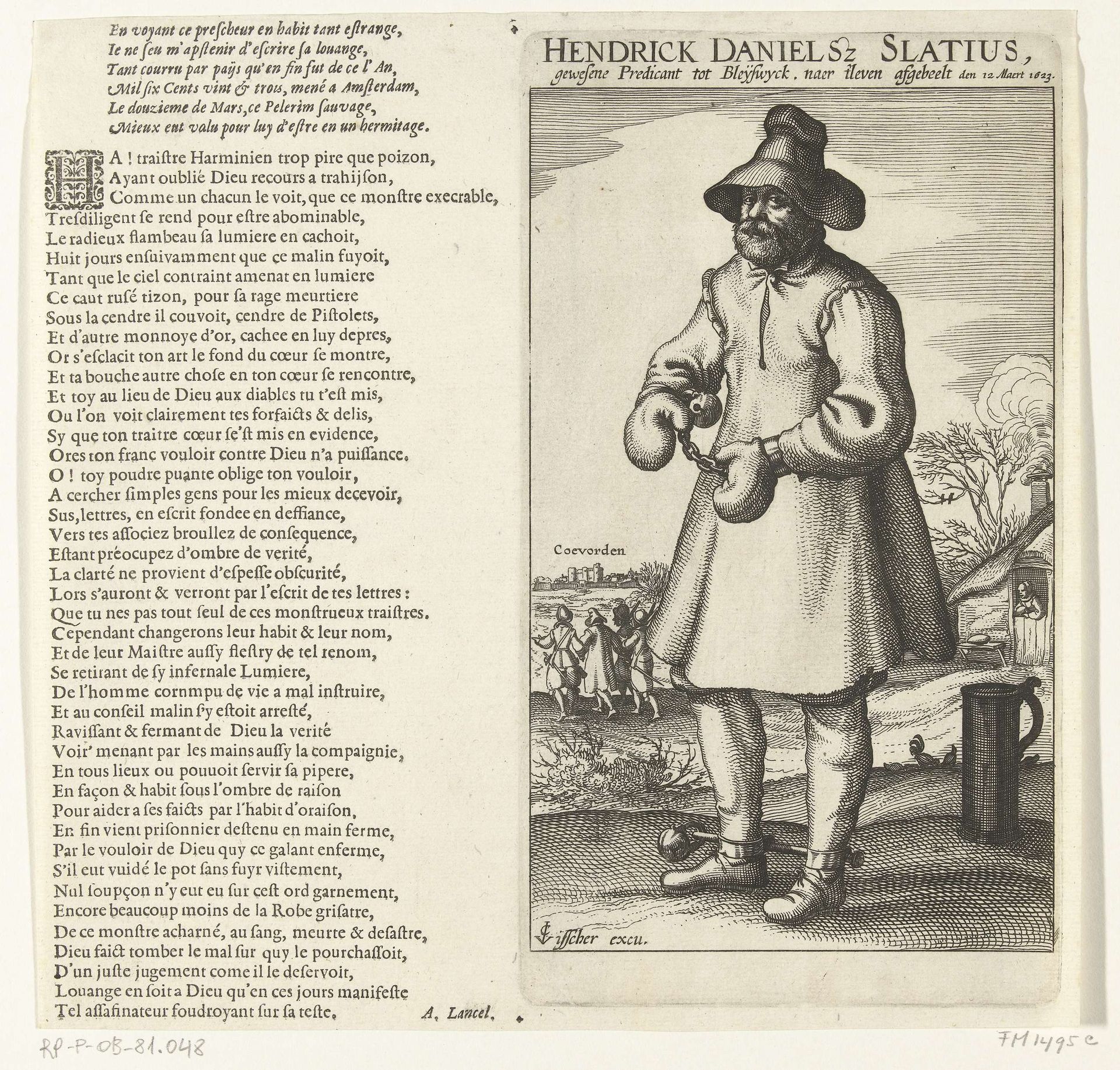 Henricus Slatius, met hand- en voetboeien, 1623 by Claes Jansz. Visscher