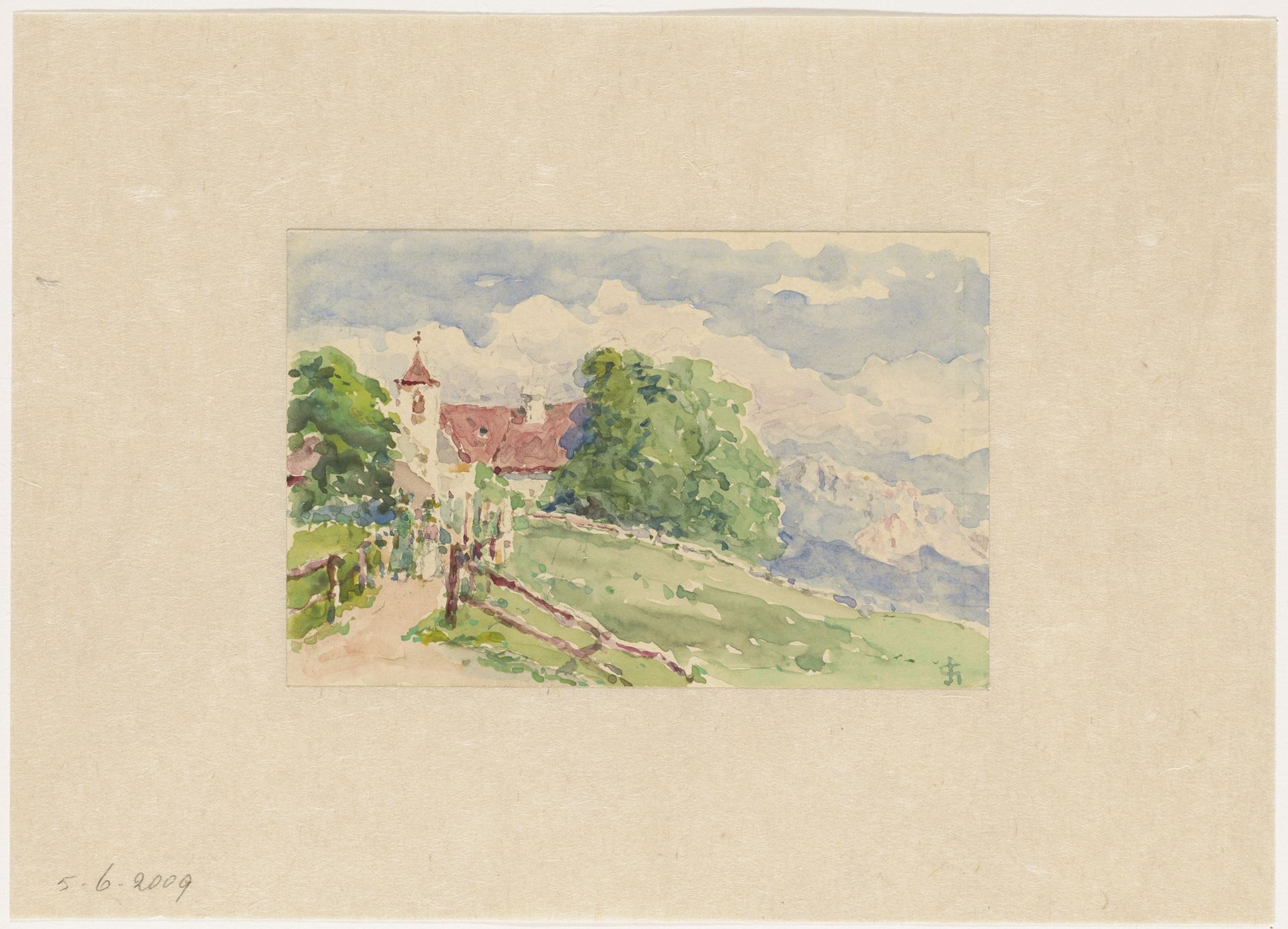 Oberbozen, een smalle weg leidt naar een kerkje op een berghelling by Carel Nicolaas Storm van 's-Gravesande