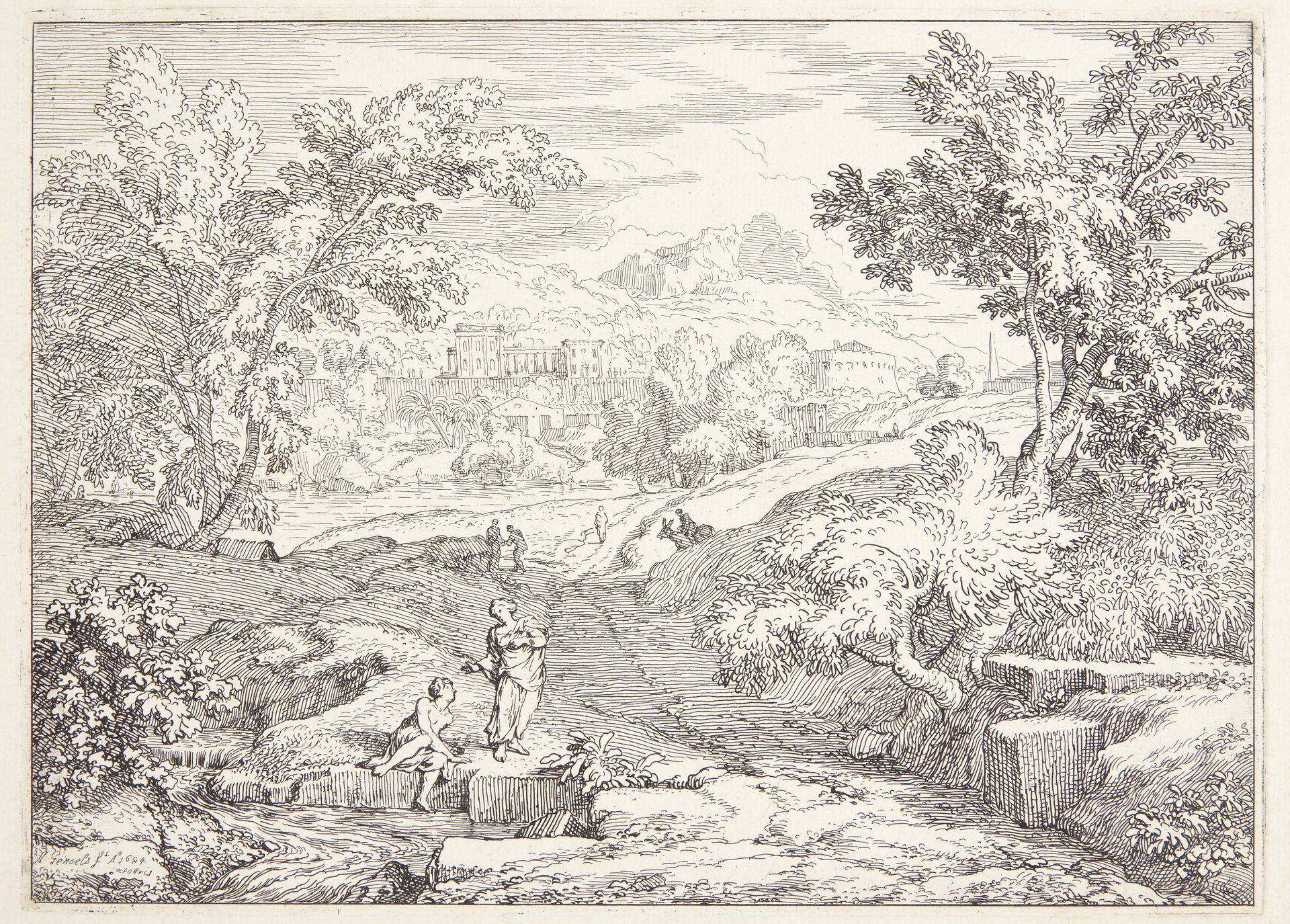 Arkadisk landskab med en bæk by Abraham Genoels