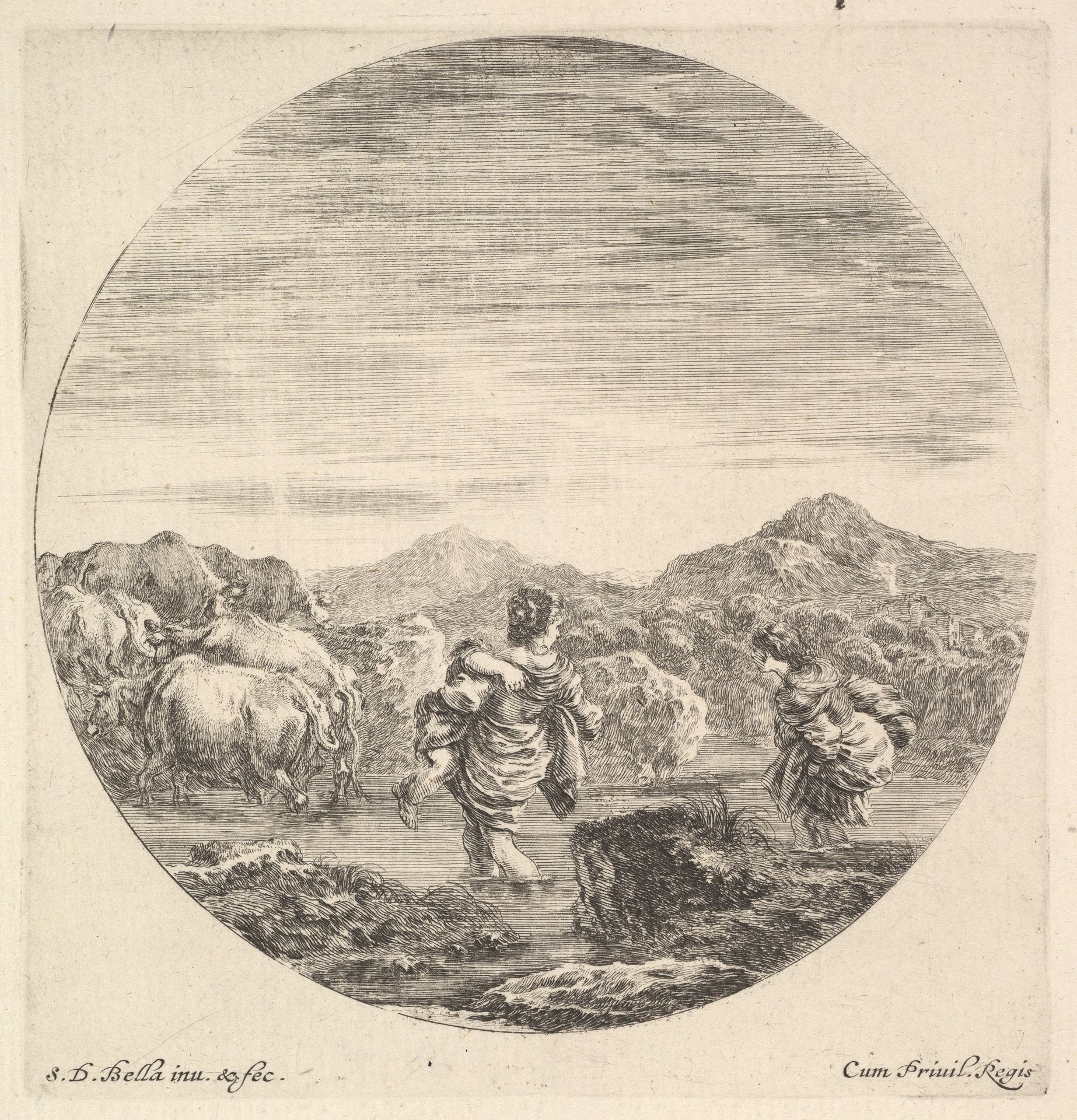 A woman carrying a child in center, seen from behind, another woman to right, facing left, following a group of cows across a river, a round composition, from 'Six animal subjects' (Six sujets d'animaux) by Stefano della Bella
