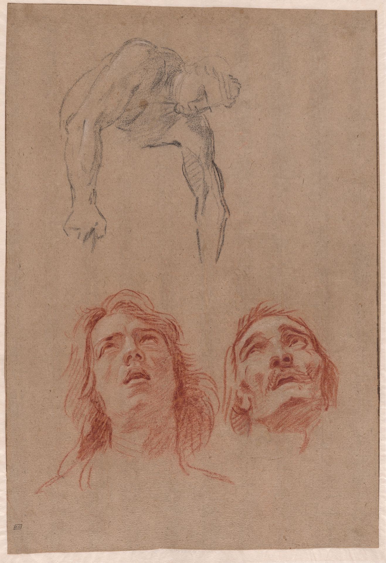 Man Reaching Down and Two Studies of Heads (recto) by Jean-Baptiste Jouvenet