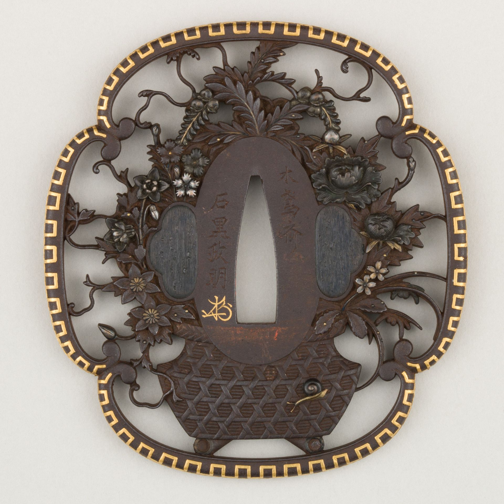 Sword guard (<i>Tsuba</i>) With Flower Basket Motif (花籠透鐔) by 石黒政明 Ishiguro Masaaki
