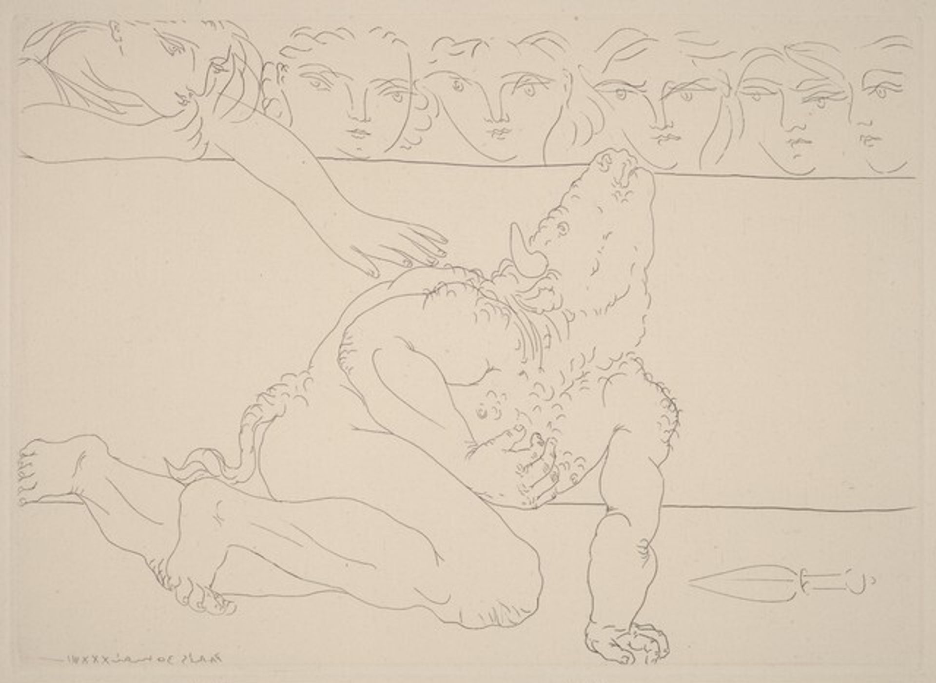 Dying Minotaur and Compassionate Young Woman (Minotaure mourant et jeune femme pitoyable) by Pablo Picasso