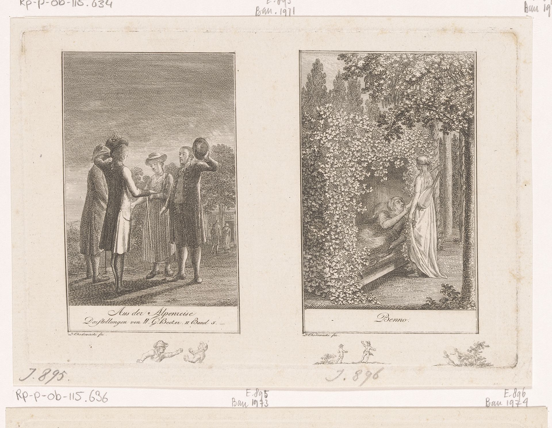 Twee voorstellingen uit de verhalen van Wilhelm Gottlieb Becker by Daniel Nikolaus Chodowiecki