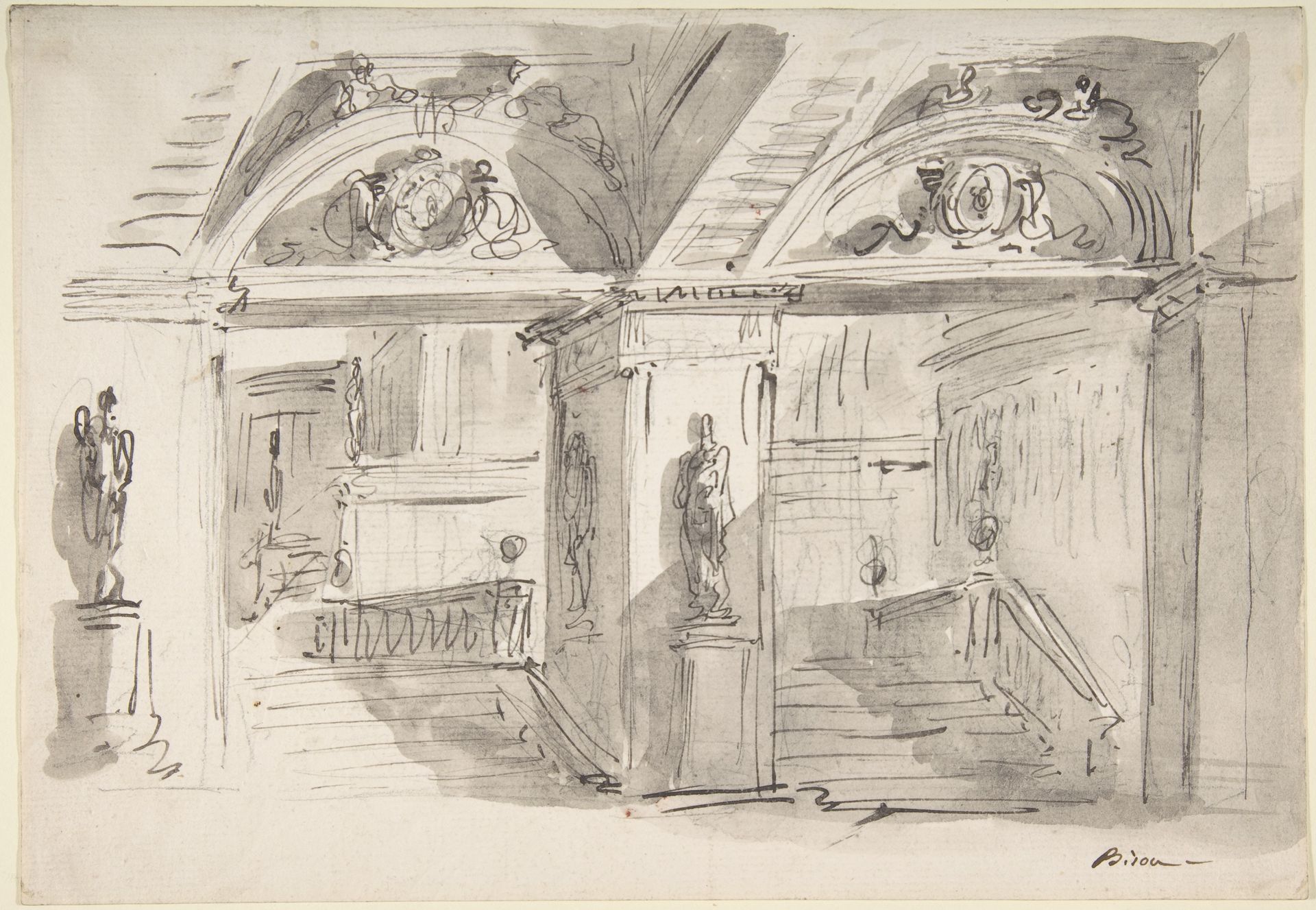 Sketch of a Palace's Interior's Foreshortening with Stairs, Statues and Ornaments by Giuseppe Bernardino Bison