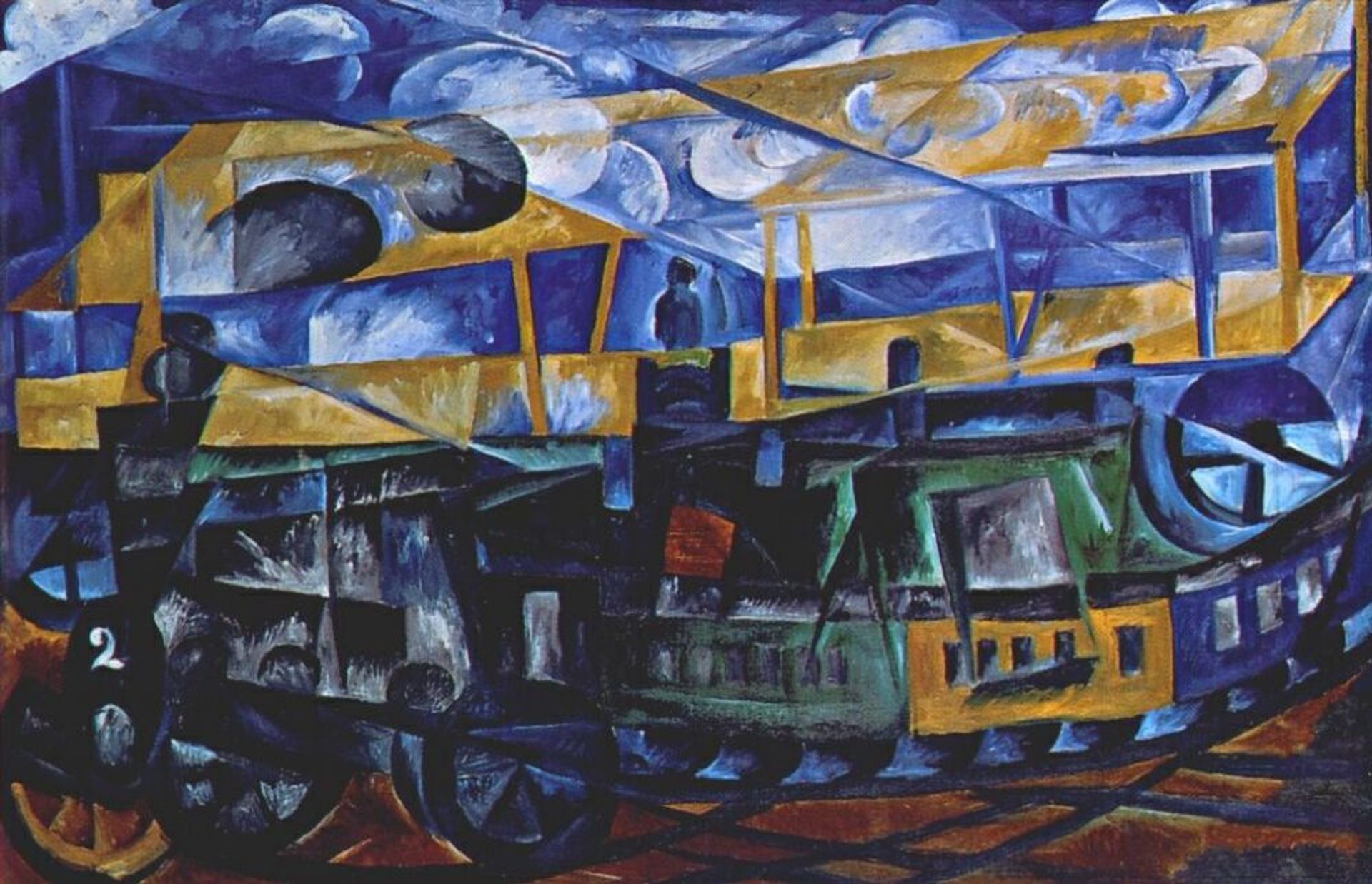 Airplane over train by Natalia Goncharova