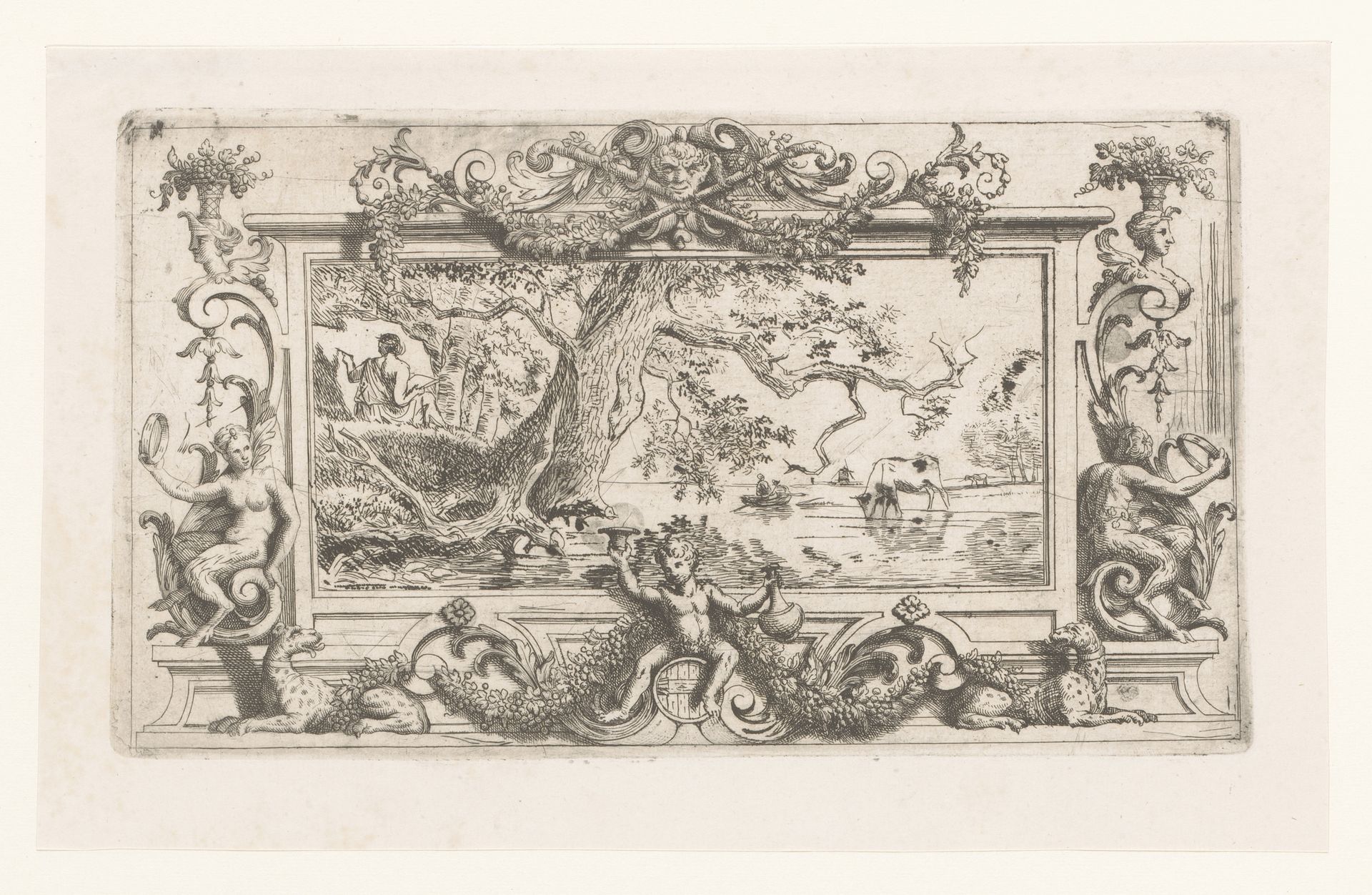 Rivierlandschap met boom in een cartouche met saters by Jean Louis Demarne