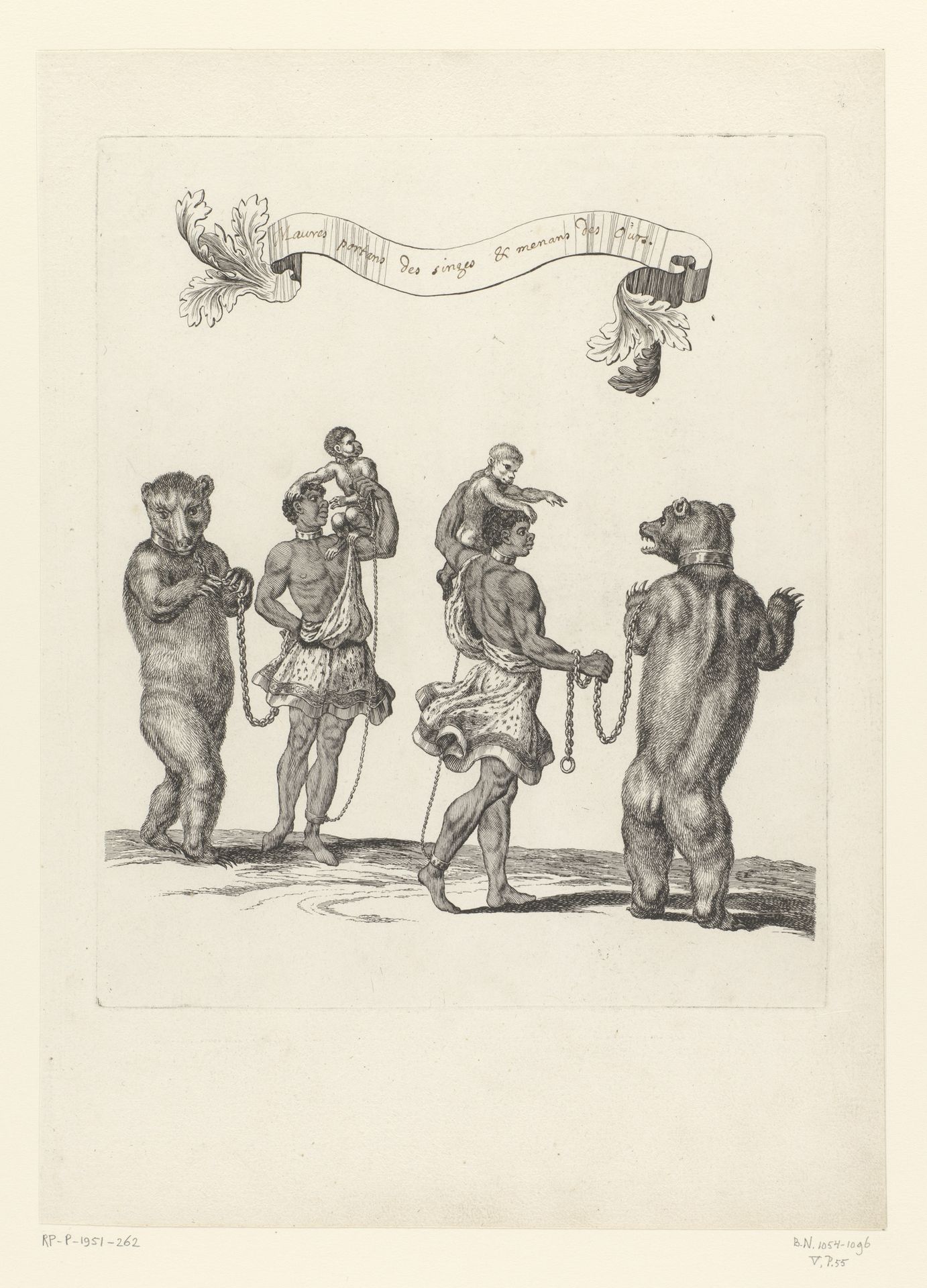 Twee Afrikaanse mannen, elk met een aap op hun schouders en een beer aan een ketting by François Chauveau