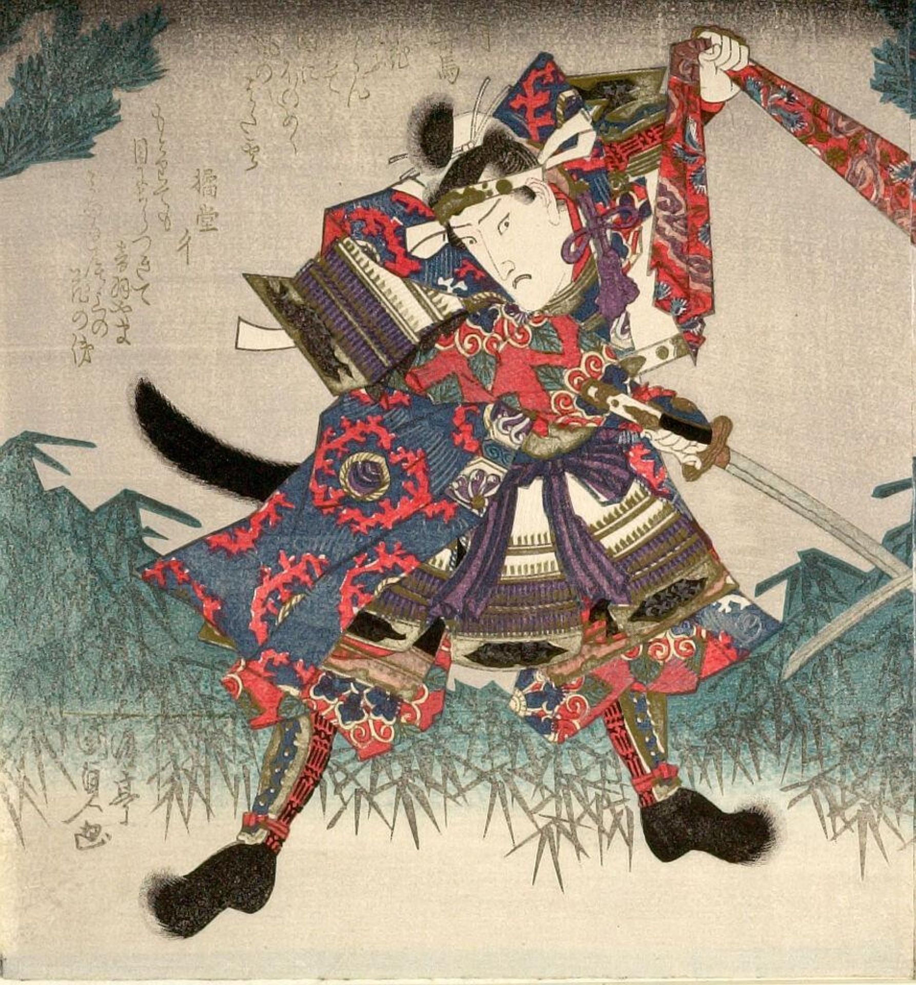 Actor Onoe KikugorÅ 3rd Fighting Over Banner, part of a spring kyÅka surimono pentaptych for the Sugawara Group led by Shakuyakutei Nagane by Utagawa Kunisada