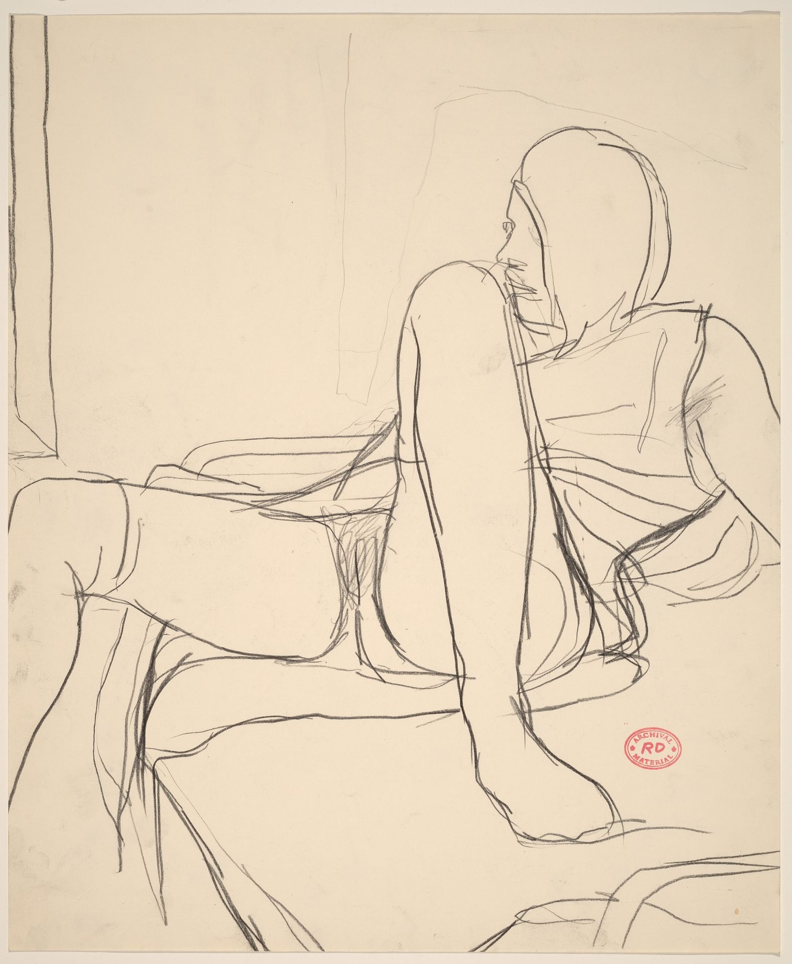 Untitled [female nude on lying back on bed with dress open] by Richard Diebenkorn