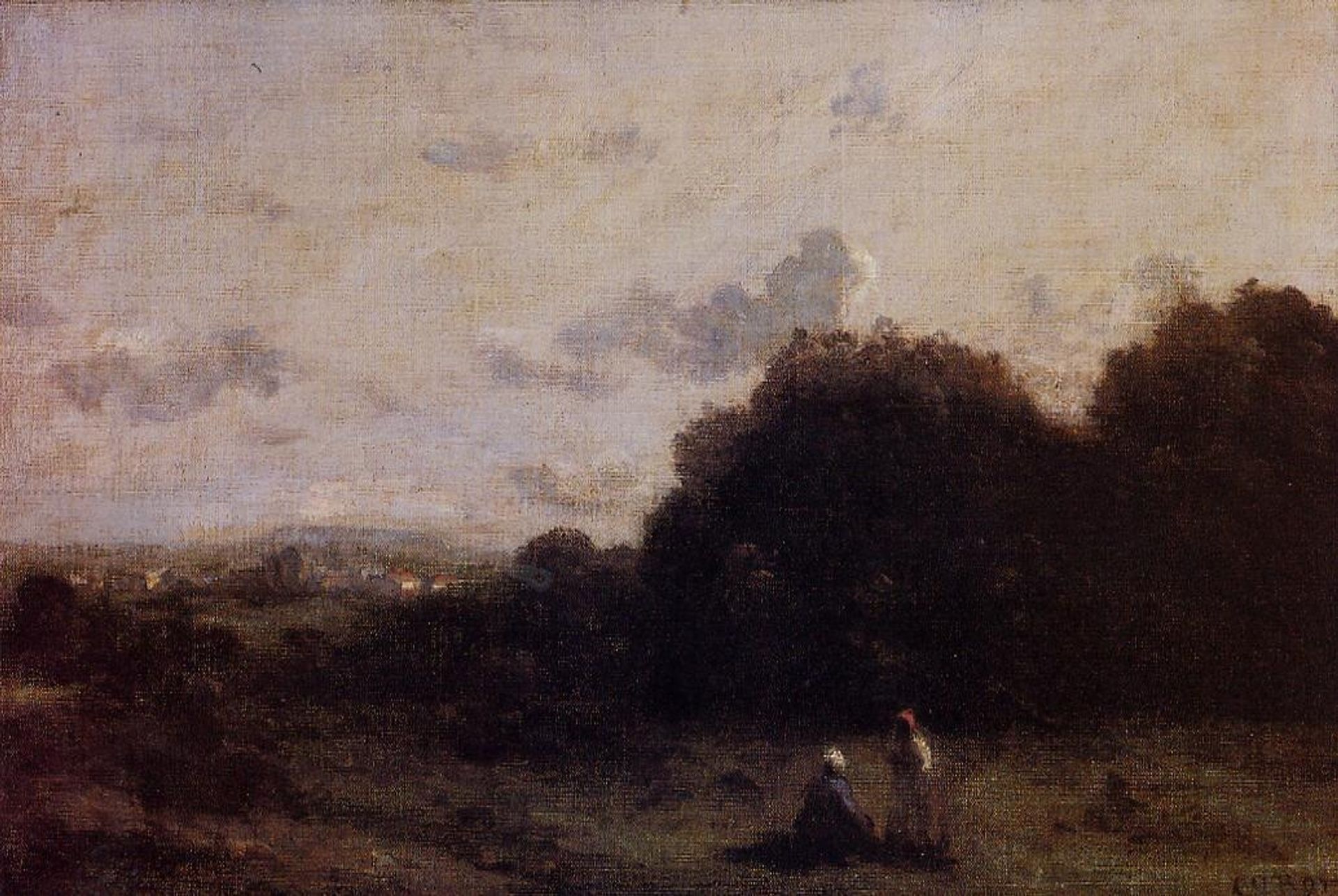 Fields with a Village on the Horizon, Two Figures in the Foreground by Camille Corot