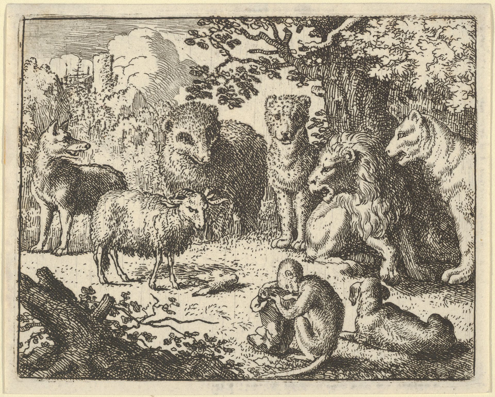 The Monkey Opens the Package and Removes the Rabbit's Head to the Great Surprise of the Animals from Hendrick van Alcmar's Renard The Fox by Allart van Everdingen