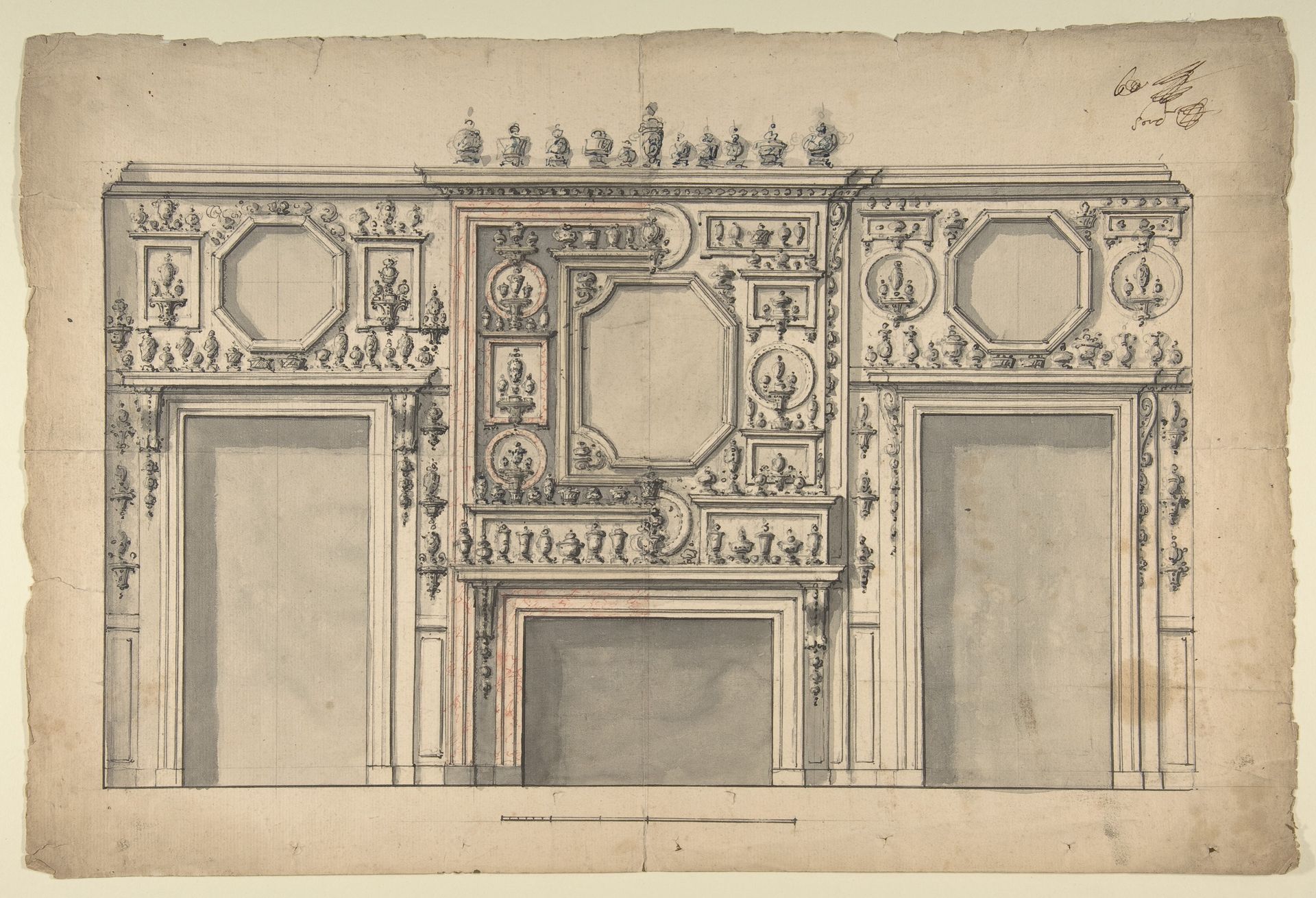 Two Variant Designs for the Interior of a Room, Decorated with Porcelains, Fireplace in Center, and With the Doorways at Either Side by Anonymous