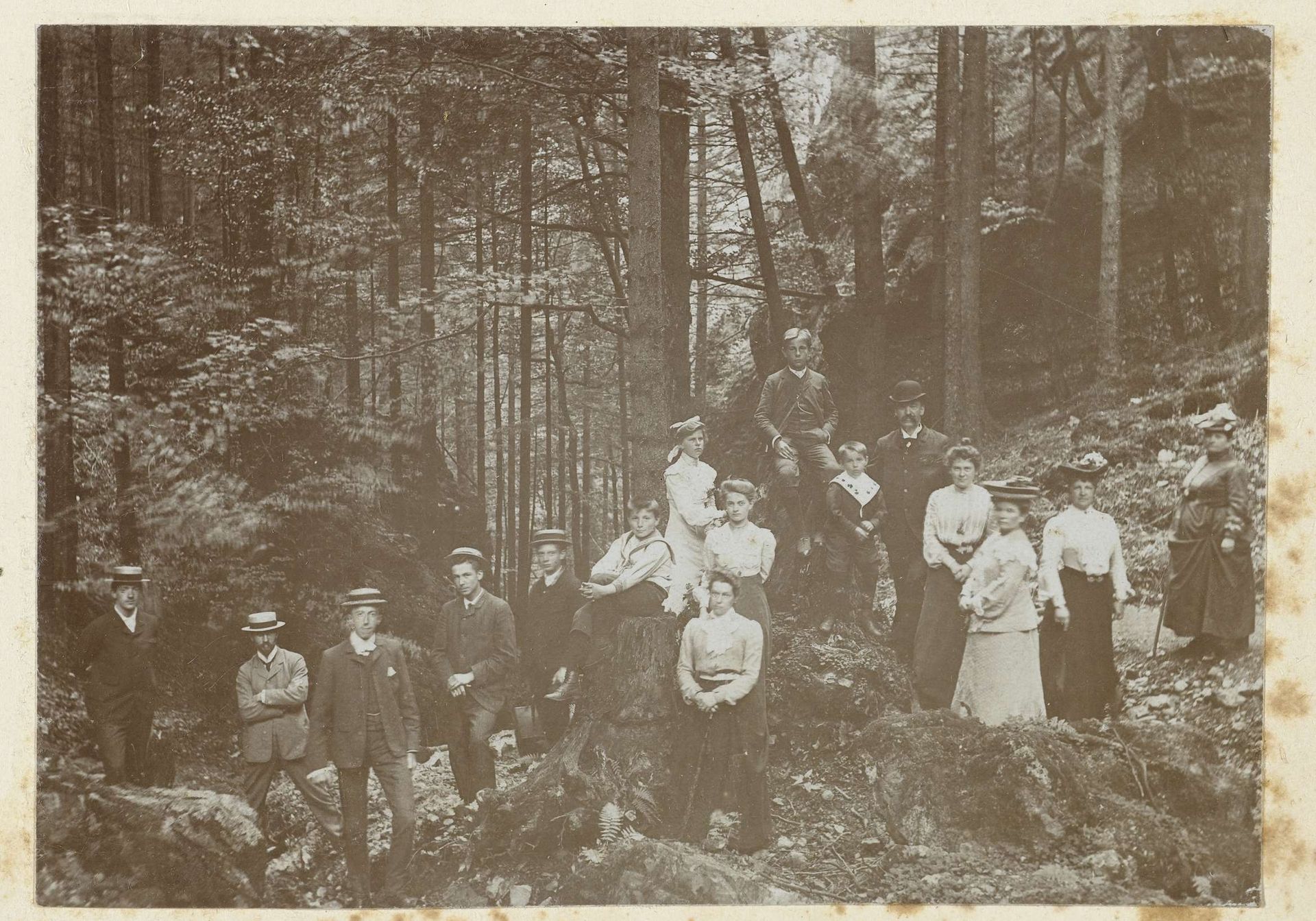 Gezelschap met de familie Kessler bij wandeling in het woud by Geldolph Adriaan Kessler