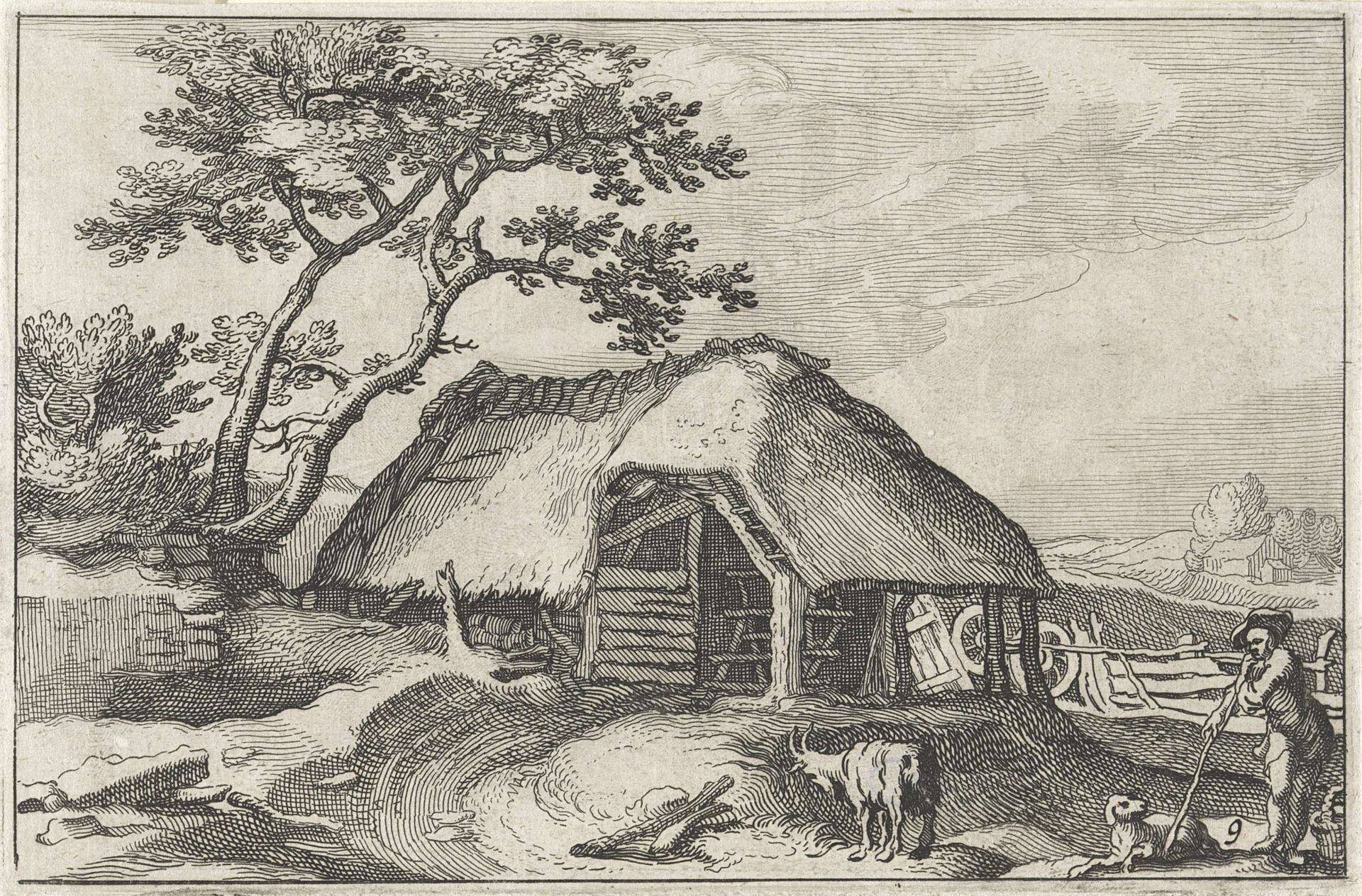 Boerderij en herder met hond en geit by Claes Jansz. Visscher